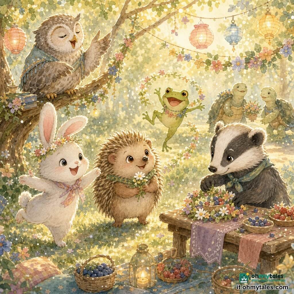 Arlo, piccolo riccio timido e rotondo dal pelo bruno e punte beige, in piedi al centro con un fiore tra le zampe e sguardo stupito; Luna, coniglietta bianca dalle grandi orecchie rosa, sorridente e saltellante a sinistra; Tito, giovane tasso a strisce nero e grigio, a destra che sistema fiori e bacche su un tavolo; Rana, rana verde lucida che salta ridendo dietro Arlo; un vecchio gufo grigio su un ramo sopra che narra una storia e alcune tartarughe sullo sfondo che avanzano lentamente e sorridono; radura primaverile illuminata da luce dorata, prato verde, ghirlande di fiori e lanterne di carta appese ai rami, piccole tovaglie colorate e ciotole di bacche su un tavolo basso; scena di piccola festa all'aperto, atmosfera calda e conviviale, animali di diverse forme che si aiutano e si divertono, colori pastello morbidi con contrasti luminosi.