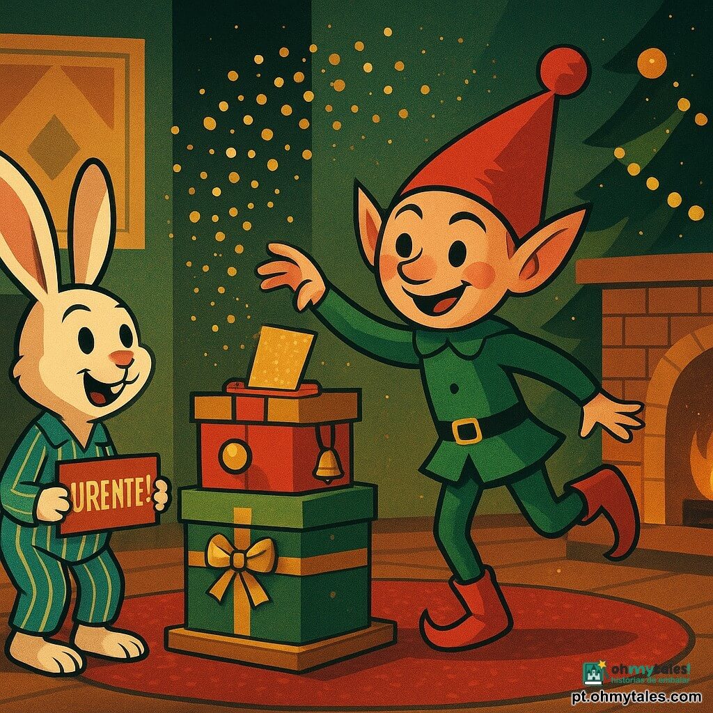 Um duende travesso e sorridente de rosto redondo e orelhas pontiagudas, chapéu pontudo vermelho com pompom e botas verniz vermelhas, faz uma pirueta lançando confetes dourados; à esquerda, um coelho antropomórfico Tobias, pelagem branca, pijama listrado azul, segurando um caixote vermelho marcado QUENTE! e rindo. Ao centro, torre de caixas-presente coloridas usada como máquina com botão visível e fenda de onde saem bilhetes cintilantes. Interior acolhedor de casa de Natal com lareira de tijolos, árvore decorada, tapete vermelho e luz dourada, poeira de purpurina verde no ar; cena dinâmica e festiva mostrando descoberta e alegria, cores quentes e texturas de papel, madeira e tecido.