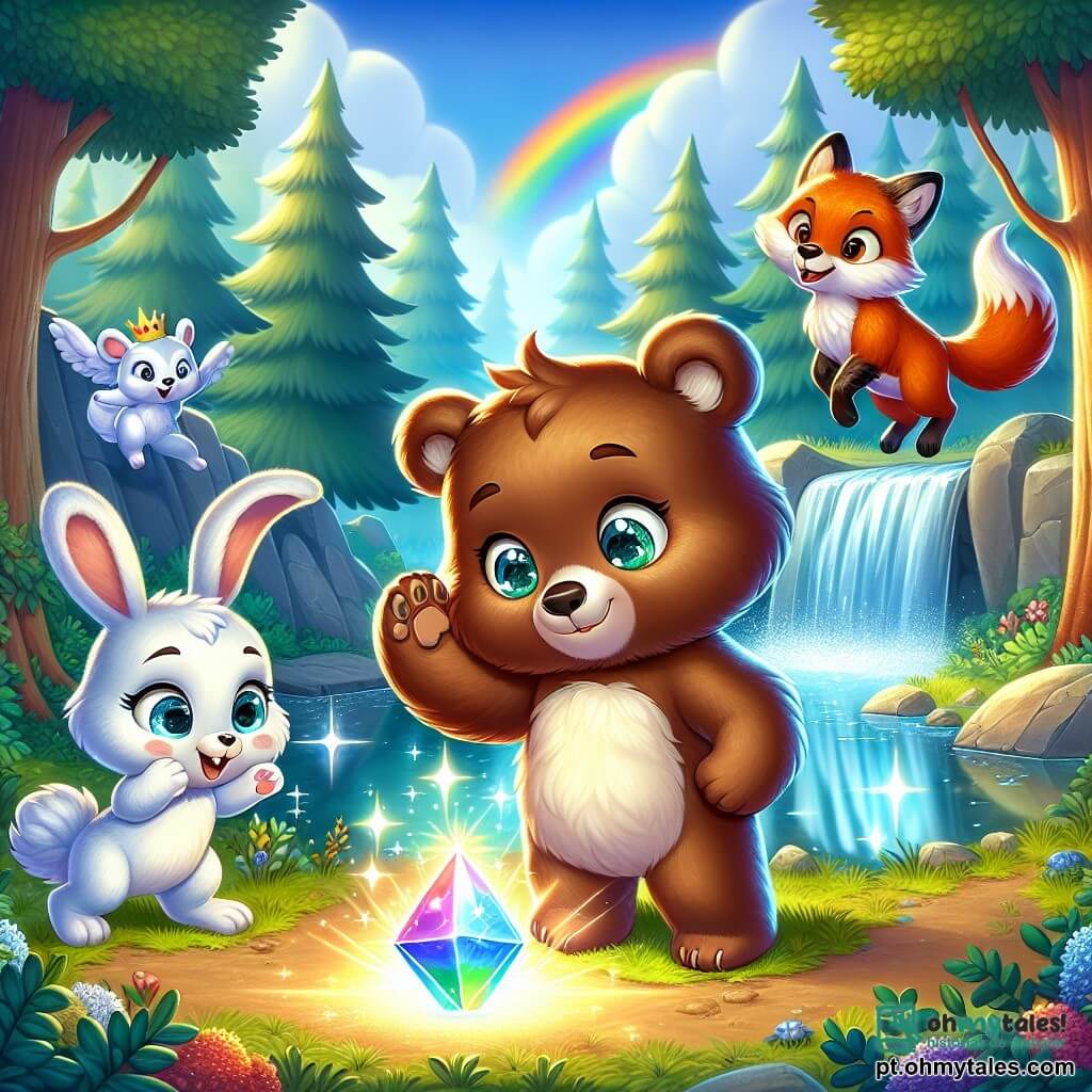 No centro da imagem, uma adorável ursa chamada Lila, com pelagem marrom suave e olhos brilhantes de curiosidade, está diante de uma pedra mágica brilhante. Ela exibe uma expressão de maravilha e alegria, levantando uma pata para tocar a pedra. À sua direita, um coelhinho travesso de grandes orelhas e pelagem branca, que pula de alegria, e à sua esquerda, uma raposa astuta com pelagem ruiva, que sorri maliciosamente, observando o espetáculo. O fundo mostra uma floresta encantada, com árvores majestosas de folhas verdes vibrantes, um céu azul com nuvens fofas e um lago cintilante que reflete a luz do sol. A cena principal da história mostra Lila e seus amigos descobrindo a pedra mágica que desencadeia um arco-íris colorido no céu, simbolizando amizade e aventura.