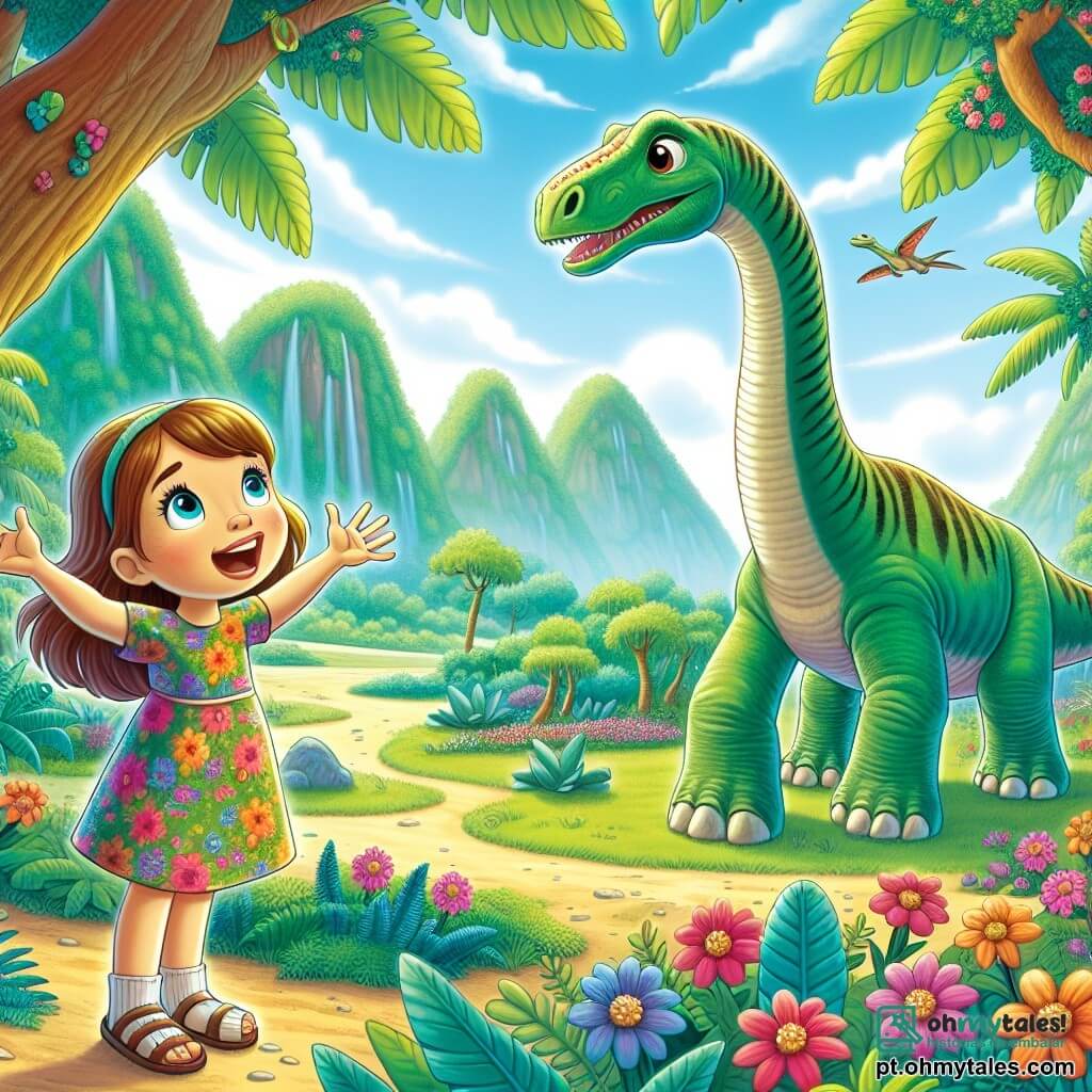 Uma menina de 10 anos, Clara, com longos cabelos castanhos e olhos brilhantes de curiosidade, está no centro da imagem, maravilhada, com os braços abertos, em frente a um grande dinossauro Brachiosaurus. Ela usa um vestido colorido com estampas de flores e sandálias, e sua expressão mostra um misto de surpresa e alegria. Ao lado dela, Brá, o Brachiosaurus, é um dinossauro majestoso com um longo pescoço e pele verde, inclinando-se suavemente em direção a Clara, como se a estivesse ouvindo atentamente. Ao fundo, uma paisagem pré-histórica vibrante se estende, com árvores gigantes de folhas exuberantes, montanhas distantes sob um céu azul brilhante e flores coloridas espalhadas pelo chão. A cena transmite uma atmosfera mágica e de aventura, enquanto Clara e Brá exploram juntos esse mundo fascinante, simbolizando a amizade entre a humanidade e a natureza.