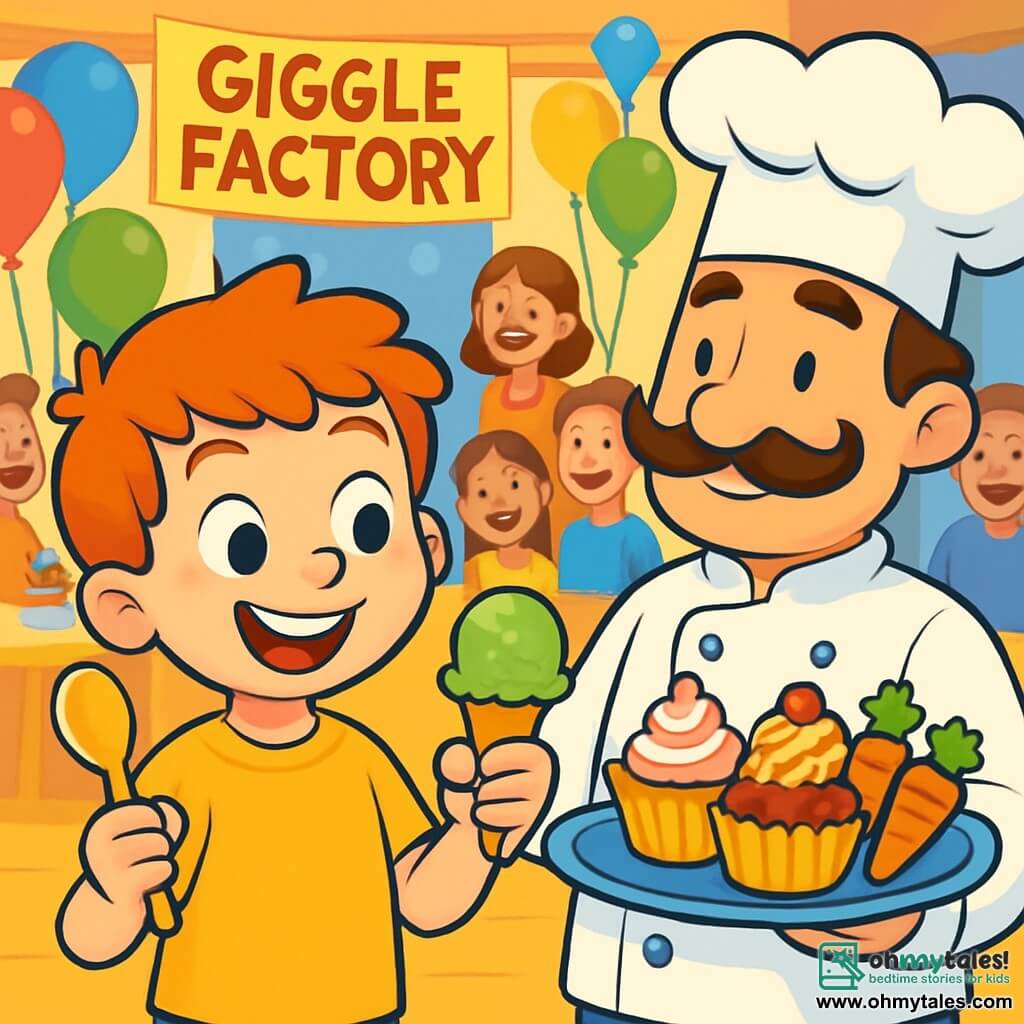 A 6-year-old boy, Benny, with bright red hair and a big joyful smile, stands in the center of the image, holding a golden spoon in one hand and a green pickle-flavored ice cream in the other, his eyes sparkling with excitement and curiosity. Next to him is a fun chef, a man in his 30s with a silly chef's hat and a curled mustache, smiling at Benny while holding a tray filled with colorful desserts. In the background, a large room in the Giggle Factory is decorated with multicolored balloons and tables loaded with strange and joyful dishes, such as spaghetti cupcakes and chocolate carrots. Benny, looking determined and amused, is about to taste the pickle-flavored ice cream, surrounded by laughing children and amused parents, all eager to see his reaction to this surprising flavor.
