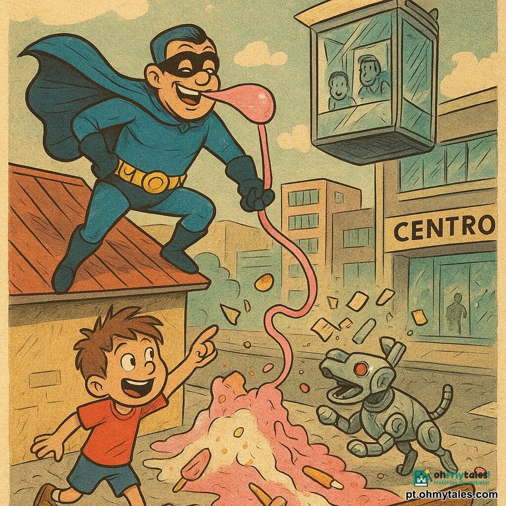 O Capitão Chiclete, um homem adulto de sorriso largo e olhar divertido, está num telhado de chapa com capa azul, máscara preta, cinto de gadgets e segura uma grande bola de chiclete rosa esticada como corda; abaixo, na calçada, um menino de ~8 anos de cabelo desgrenhado ri e aponta para o shopping; um cão-robô prateado corre junto a um banco, com LEDs vermelhos piscando e babando pequenos flyers pegajosos enquanto tenta pegar um cartaz voador; o novo elevador de vidro do shopping fica suspenso no ar, amassado mas brilhante, com silhuetas surpresas nas cabines; a rua está coberta por uma cascata de sorvete de baunilha rosa e branco que forma uma montanha pegajosa com cones e picolés espalhados e gotas brilhando ao sol; cena colorida e cômica, contraste forte, textura de papel e tinta como impressão de jornal, composição dinâmica em plongée, cores saturadas e expressões exageradas para tornar a cena legível e engraçada.