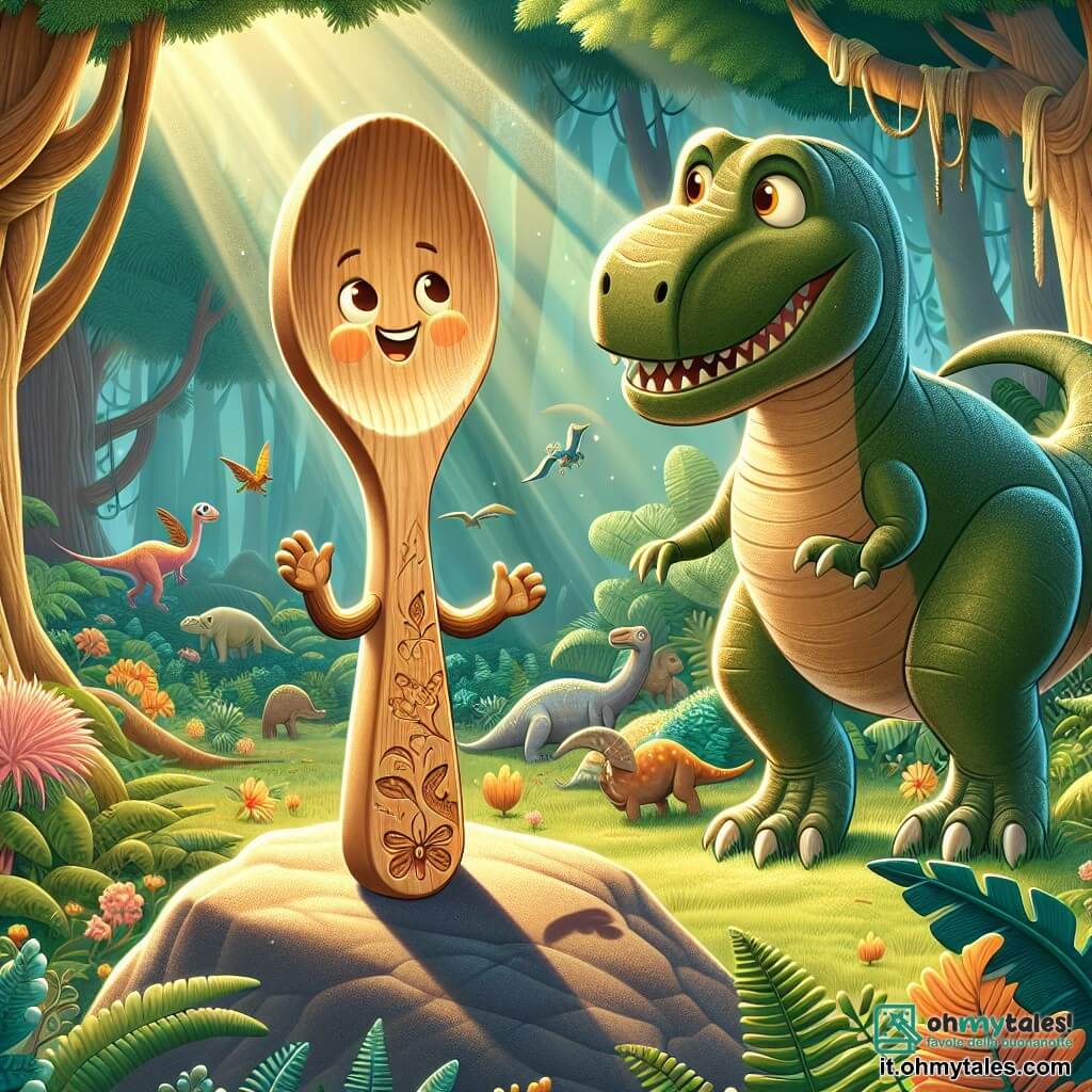 Al centro dell'immagine, un cucchiaio di legno chiamato Cocò, con un volto sorridente e occhi scintillanti, si trova in piedi su una grande pietra in una foresta preistorica, circondato da alberi giganti con foglie lussureggianti. Cocò, con la sua texture in legno e i dettagli incisi, esprime meraviglia e curiosità, sollevando le braccia come se fosse pronto a esplorare. Accanto a lui, Dino il T-Rex, un enorme dinosauro con pelle verde e squame lucenti, mostra un grande sorriso amichevole, piegandosi verso Cocò con interesse e gioia, mentre la sua ombra massiccia proietta una silhouette impressionante sul terreno. Sullo sfondo, la foresta è piena di felci giganti e fiori colorati, mentre dinosauri di diverse specie giocano e si muovono, aggiungendo vita alla scena. La luce del sole filtra tra le foglie, creando un'atmosfera magica e calorosa. Cocò e Dino discutono allegramente, con Cocò che racconta i suoi sogni d'avventura, mentre Dino ascolta attentamente, pronto a condividere le meraviglie del suo mondo preistorico.