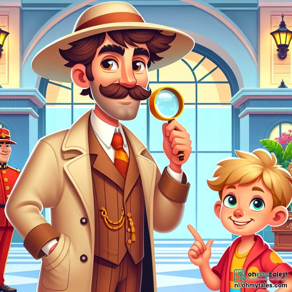 Een man, detective Dirk, staat in het midden van de afbeelding, met een grote hoed op zijn hoofd en een vergrootglas in zijn rechterhand. Hij heeft een vriendelijke uitstraling, rommelig bruin haar en draagt een lange beige jas. Zijn uitdrukking is vastberaden, met een lichte glimlach, terwijl hij zijn omgeving aandachtig in de gaten houdt. Aan zijn rechterkant staat een glimlachende vrouw, de receptioniste, ongeveer 30 jaar oud, in een kleurrijk uniform met een schort. Ze heeft blond haar in een knot en kijkt Dirk bewonderend aan, klaar om hem te helpen in zijn zoektocht. Links staat een jong meisje van ongeveer 8 jaar in een rode bikini, met een nieuwsgierige blik en gekruiste armen. Ze wijst naar een pad dat naar het park leidt, waar de mysterieuze man bij de kassa zich bevindt. De achtergrond toont een levendig hotel met een ruime lobby, kleurrijke bloemen op de tafels en blije gasten op de achtergrond. Palmbomen versieren de ruimte en een groot raam laat zonlicht binnen. De belangrijkste situatie toont Dirk die het mysterie van de verdwenen kassa oplost, terwijl hij de receptioniste en het meisje ondervraagt, allemaal gefocust op het zoeken naar aanwijzingen.