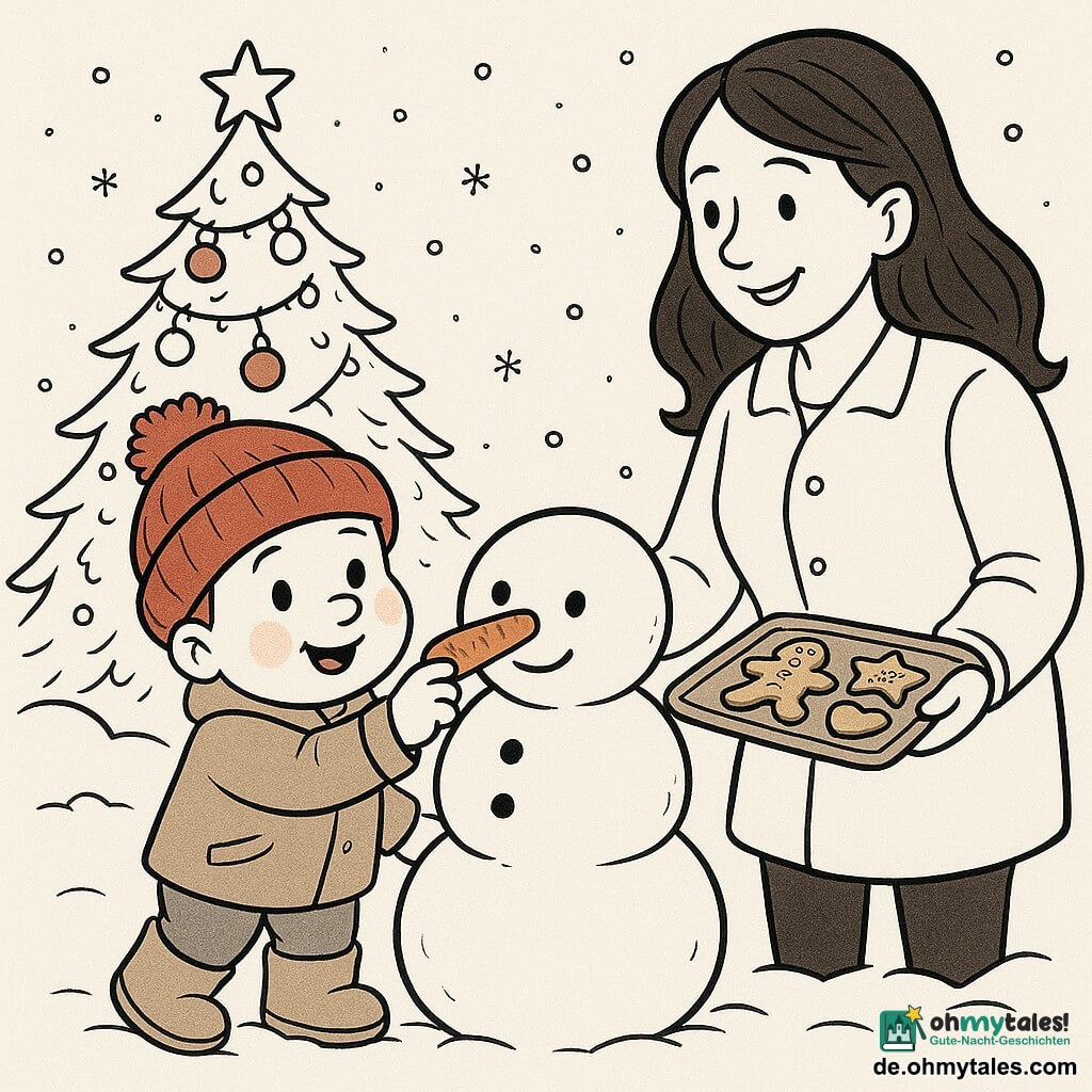 Ein 2-jähriger Junge, Max, mit runden, rosigen Wangen und vor Freude strahlenden Augen, trägt eine rote Wollmütze und Schneestiefel. Er setzt eine Karotte als Nase auf einen kleinen Schneemann. Neben Max steht seine lächelnde Mutter, eine etwa 30-jährige Frau mit langen, braunen Haaren, die ein Tablett mit dekorierten Keksen hält. Sie steht neben Max und beugt sich leicht zu ihm hinüber. Im Hintergrund steht ein großer, mit glitzernden Girlanden und bunten Kugeln geschmückter Weihnachtsbaum, der die Szene in ein warmes Licht taucht. Die Hauptszene zeigt Max, der vor Glück strahlt, während er seinen Schneemann unter einem Himmel voller tanzender Schneeflocken fertigstellt, während seine Mutter ihn liebevoll ermutigt.