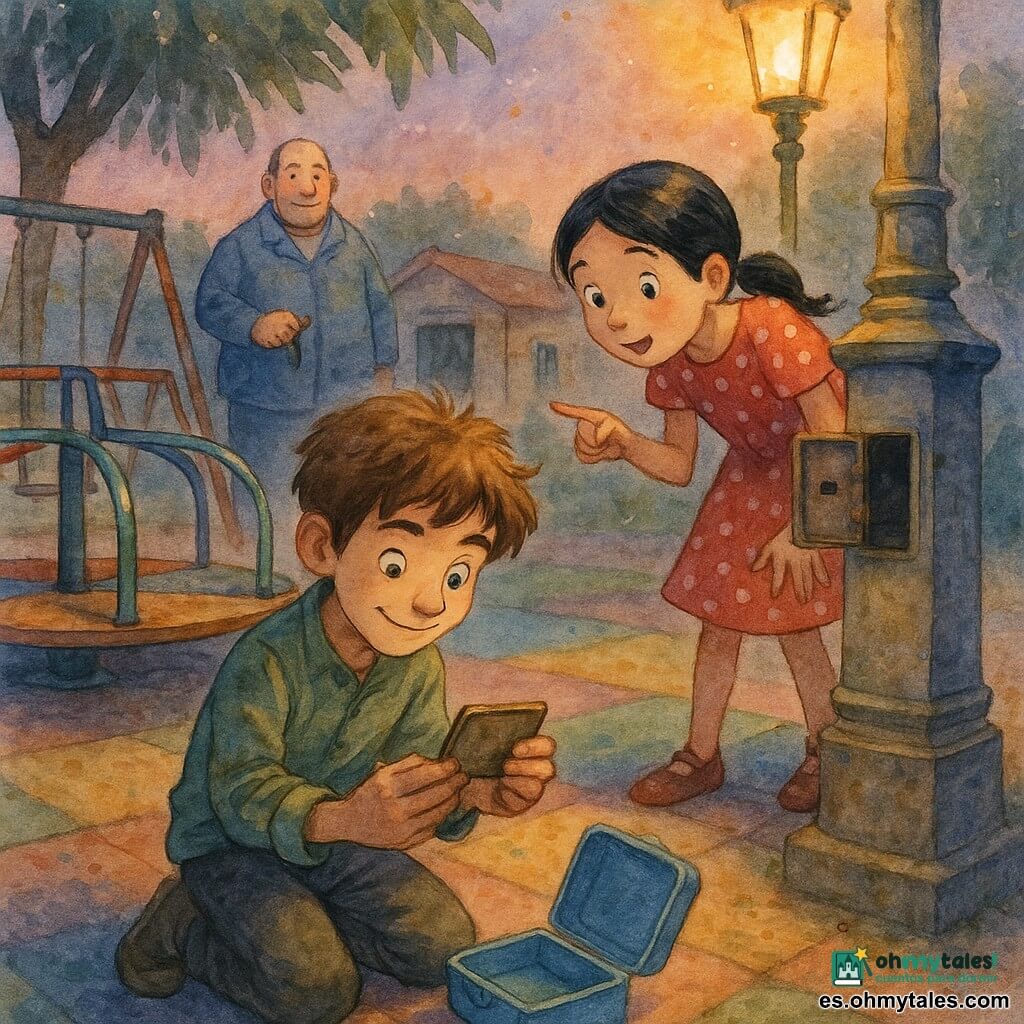 Un niño de 10 años, ojos brillantes y expresión decidida, pelo castaño despeinado, ropa sencilla (vaqueros, chaqueta verde), arrodillado junto a un carrusel de madera pintado, sosteniendo una pequeña placa metálica y una caja azul de plástico, manos algo sucias, sonrisa tímida y mirada curiosa; una niña de unos 9 años (Sara), trenza negra, vestido rojo con lunares, detrás del niño con las manos en las rodillas en actitud de vigía, mirada excitada y boca entreabierta señalando el farol; un hombre adulto (Leo, ~45 años), figura robusta, chaqueta de trabajo azul y barba ligera, junto a una caseta de mantenimiento al fondo, riendo suavemente con una llave en la mano, postura protectora; lugar: una plaza de barrio al anochecer con suelo de losas de colores y caucho, columpios metálicos oxidados, un farol de piedra con una pequeña trampilla abierta y un árbol que proyecta gran sombra; situación: los niños descubren un pequeño tesoro — placas codificadas y una cajita azul en el borde del carrusel — ambiente de misterio cálido, luz suave tipo acuarela, colores pastel, texturas húmedas, gotas leves y contornos difuminados, composición centrada en las manos del niño, la caja abierta y la complicidad entre los personajes.