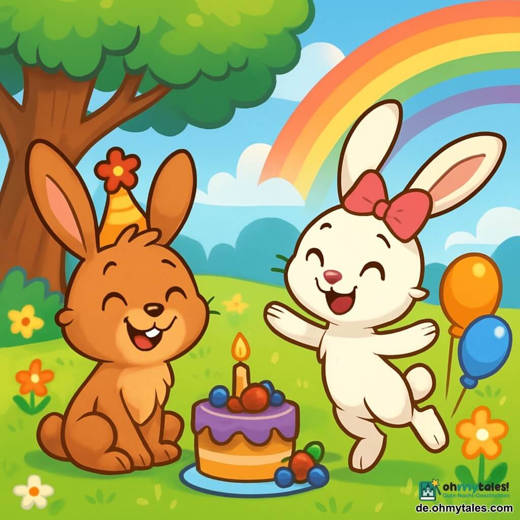 Hopsi, ein kleiner Hase mit großen Ohren und weichem, braunem Fell, sitzt auf dem grünen Gras und lächelt fröhlich. Er trägt ein süßes, flauschiges Mützchen mit einer bunten Blume. Neben ihm tanzt Finchen, ein kleines Kaninchen mit weißem Fell und funkelnden Augen, fröhlich, während ihre langen Ohren in der Luft wehen. Sie hat eine hübsche rosa Schleife auf dem Kopf und wirkt voller Energie. Im Hintergrund erstreckt sich eine weite Wiese mit bunten Blumen unter einem hellblauen Himmel mit einigen fluffigen, weißen Wolken. Ein majestätischer Baum bietet Schatten mit seinen weit ausladenden Ästen. Die Szene zeigt Hopsi und Finchen, die einen Geburtstag feiern, umgeben von Beerenkuchen und bunten Ballons, während ein strahlender Regenbogen nach einem leichten Regen erscheint und dem fröhlichen Moment einen magischen Touch verleiht.