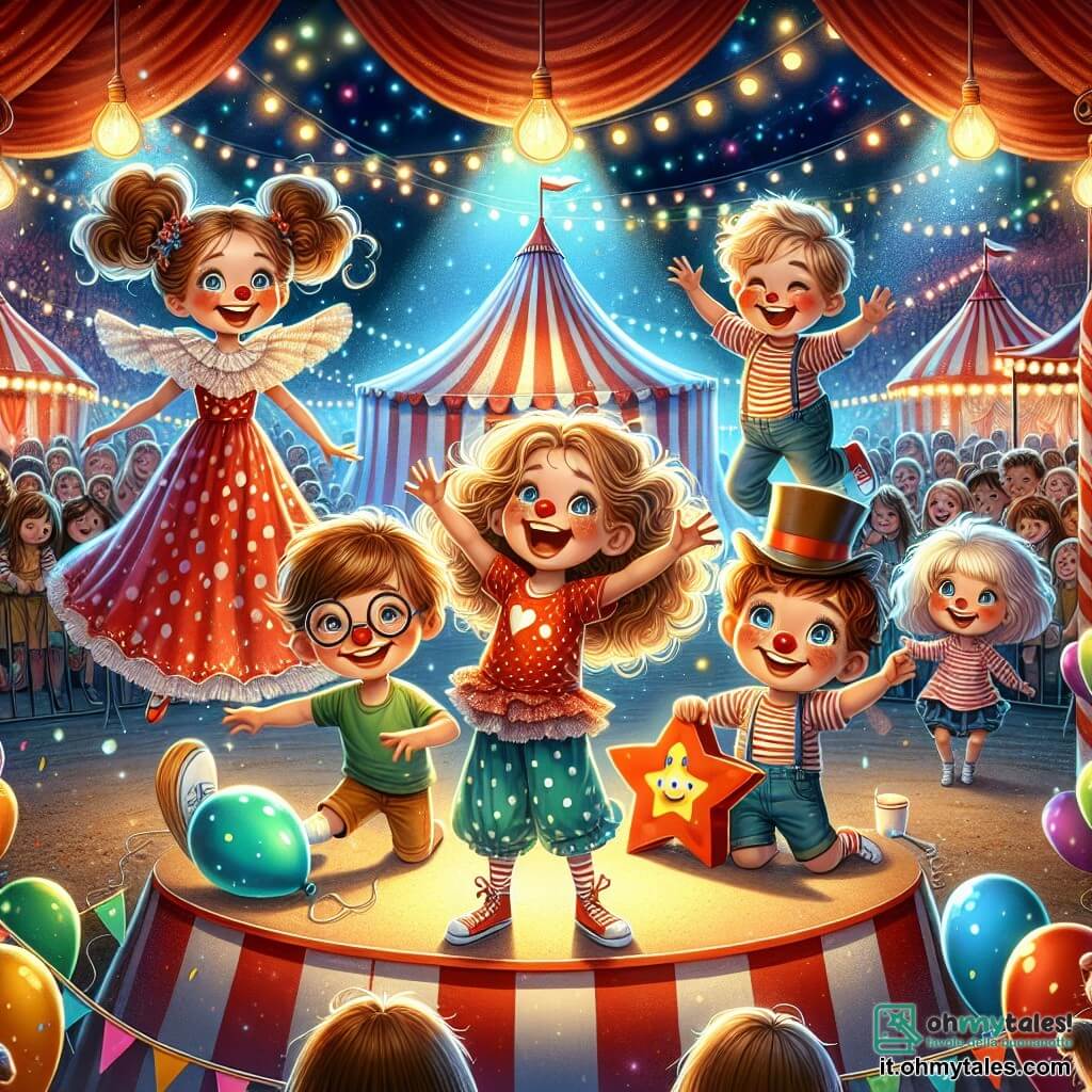 In un circo colorato, cinque bambini sono riuniti al centro del palco. Marco, un ragazzo di 10 anni con i capelli castani e una maglietta rossa, tiene un grande cartello con la scritta "FORZA". Accanto a lui, Luca, un ragazzo di 9 anni con i capelli biondi e occhiali rotondi, salta di gioia con le braccia alzate. Sara, una ragazza di 8 anni con capelli lunghi e ricci, indossa un vestito a pois e ride mentre tiene un grande pallone a forma di stella. Tommaso, un bambino di 7 anni con un cappello di paglia, sorride timidamente, guardando lo spettacolo con occhi meravigliati. I loro volti sono illuminati dalle luci scintillanti del circo, decorato con tende a strisce rosse e bianche, ghirlande di luci e palloni colorati. Sullo sfondo, un grande tendone si erge maestoso, mentre un clown divertente, con un naso rosso e scarpe enormi, fa smorfie per divertire il pubblico. Al centro del palco, Gianni, il giocoliere, lancia palline colorate in aria, mentre un gatto magico, un felino bianco con occhi brillanti, salta intorno a lui. I bambini, eccitati, incoraggiano Gianni con grida di gioia, creando un'atmosfera di magia e felicità in questo mondo incantato del circo.