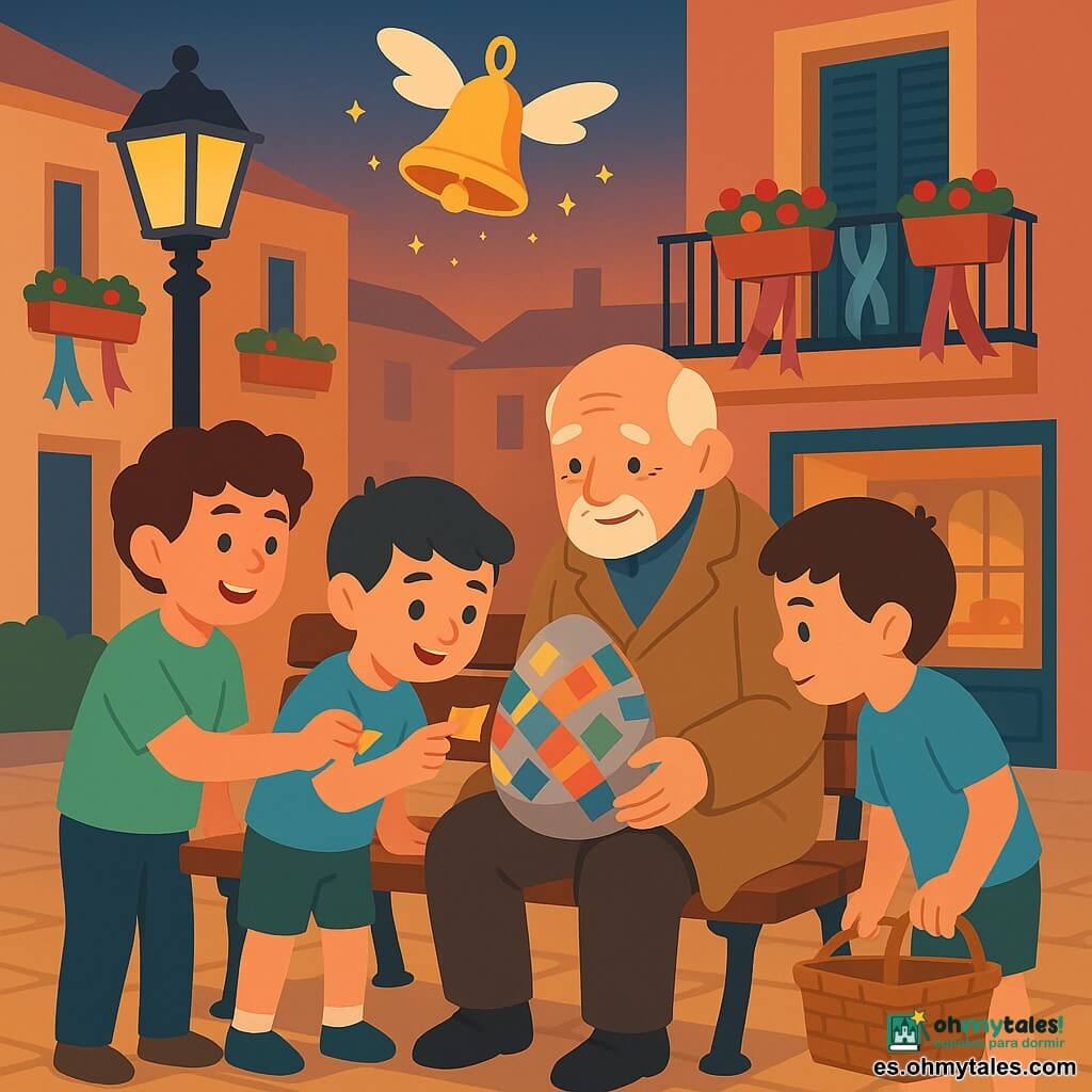 Hay tres personajes: un niño, Diego, ~10 años, pelo castaño corto, rostro redondo, camiseta azul claro y pantalón corto caqui, sostiene una pequeña cesta de mimbre en la mano izquierda y se inclina hacia un banco a la derecha; un niño, Tomás, ~11 años, pelo castaño rizado, camiseta verde menta y sonrisa traviesa, a la izquierda de Diego ofreciendo un trozo de envoltorio dorado para decorar un huevo; un hombre mayor, Mateo, ~75 años, piel clara, pelo y barba canos, abrigo beige demasiado grande, sentado en un banco central con un gran huevo de cartón gris en las rodillas al que coloca suavemente mosaicos de colores. Lugar: un banco en una pequeña plaza vecinal al crepúsculo, pavimento beige, farol de hierro negro y un balcón con jardineras rojas y cintas pastel, algunas hojas y una tienda de dulces al fondo con escaparate reflectante. Situación: los dos niños ayudan a Mateo a decorar un huevo de Pascua gris pegando piezas brillantes y plumas blancas; una pequeña campana dorada con alas translúcidas flota sobre el banco soltando chispas ligeras; ambiente cálido, colores suaves saturados, contrastes nítidos y formas sencillas.