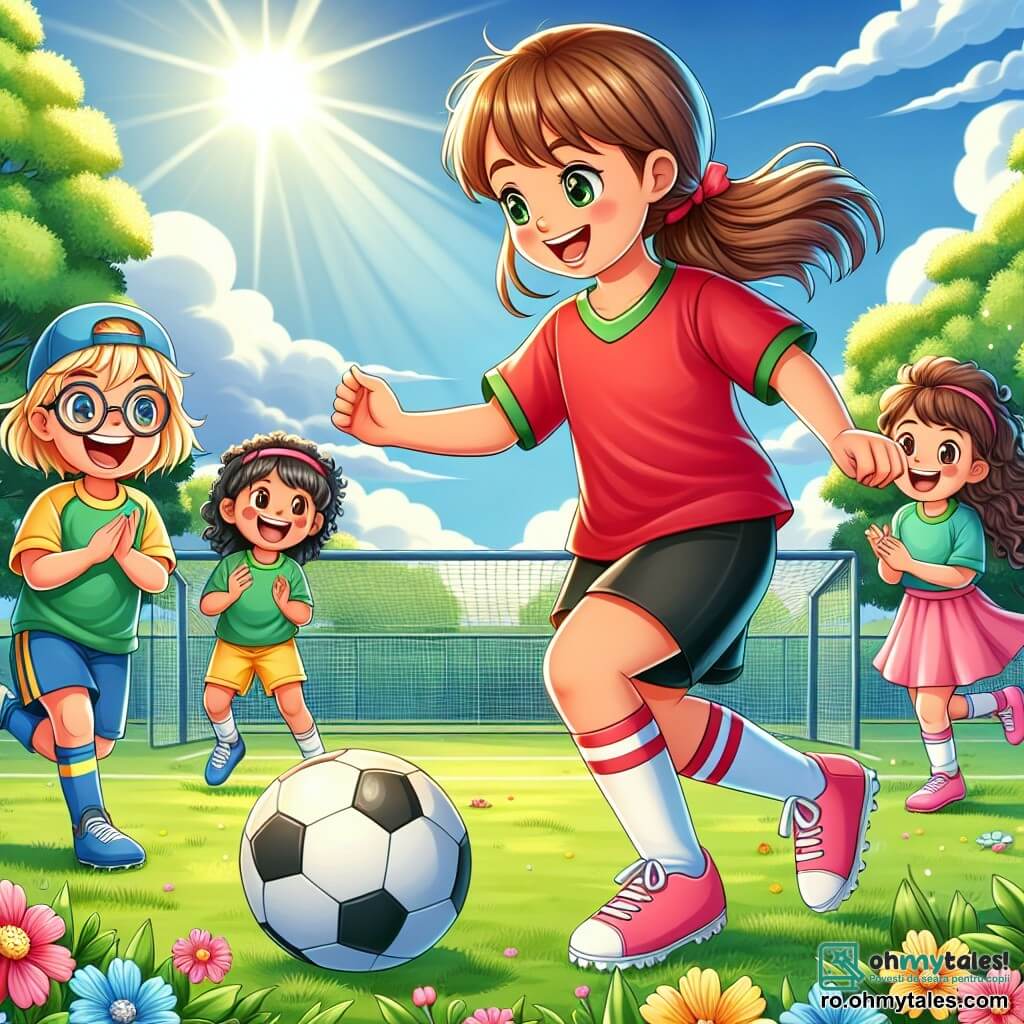 O fetiță tânără, Ana, de aproximativ 10 ani, cu părul brun prins în coadă de cal, poartă un tricou roșu de fotbal și o pereche de pantaloni scurți negri. Ea zâmbește entuziast, driblând o minge de fotbal pe un teren verde, înconjurată de flori colorate. Aproape, un băiat de 9 ani, Lucas, cu părul blond și ochelari, aplaudă uitându-se la Ana, purtând un tricou albastru și pantaloni scurți galbeni. O altă fetiță, Mia, în vârstă de 8 ani, cu părul creț și o șapcă, aleargă pentru a recupera mingea, îmbrăcată într-un tricou verde și pantaloni scurți roz. Locația este un teren de fotbal însorit, înconjurat de copaci măreți și râsete de copii, cu un cer albastru deschis și câteva nori albi. Situația principală o arată pe Ana învățându-i pe ceilalți copii cum să dribleze mingea, în timp ce râd și se distrează împreună, creând o atmosferă de camaraderie și bucurie.