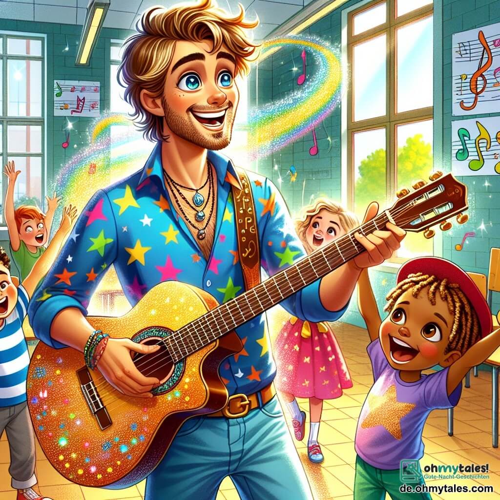 Ein fröhlicher Mann, Florian, steht im Mittelpunkt des Bildes mit einem breiten Lächeln und funkelnden Augen. Er hat leicht lockige, braune Haare und trägt ein buntes Hemd mit musikalischen Motiven sowie eine lässige Jeans. Er spielt Gitarre, während er leidenschaftlich singt, umgeben von einer schimmernden musikalischen Aura. Rechts von ihm hebt ein 8-jähriger Junge mit roter Kappe begeistert die Arme in die Luft. Er hat blonde Haare und ein T-Shirt mit Sternen. Links von Florian singt ein 7-jähriges Mädchen mit Zöpfen und einem gepunkteten Kleid begeistert, ihre Augen strahlen vor Freude. Sie hält ein buntes Schild mit der Aufschrift "Wir lieben Musik!". Die Szene spielt in einem großen Klassenzimmer, das mit Zeichnungen von Musikinstrumenten und bunten Noten an den Wänden geschmückt ist. Das Sonnenlicht strömt durch die Fenster und schafft eine warme, einladende Atmosphäre. Florian teilt seine Leidenschaft für Musik mit den Kindern, die ihm bewundernd zuhören und mit Singen und Tanzen teilnehmen, wodurch eine fröhliche und festliche Stimmung entsteht.