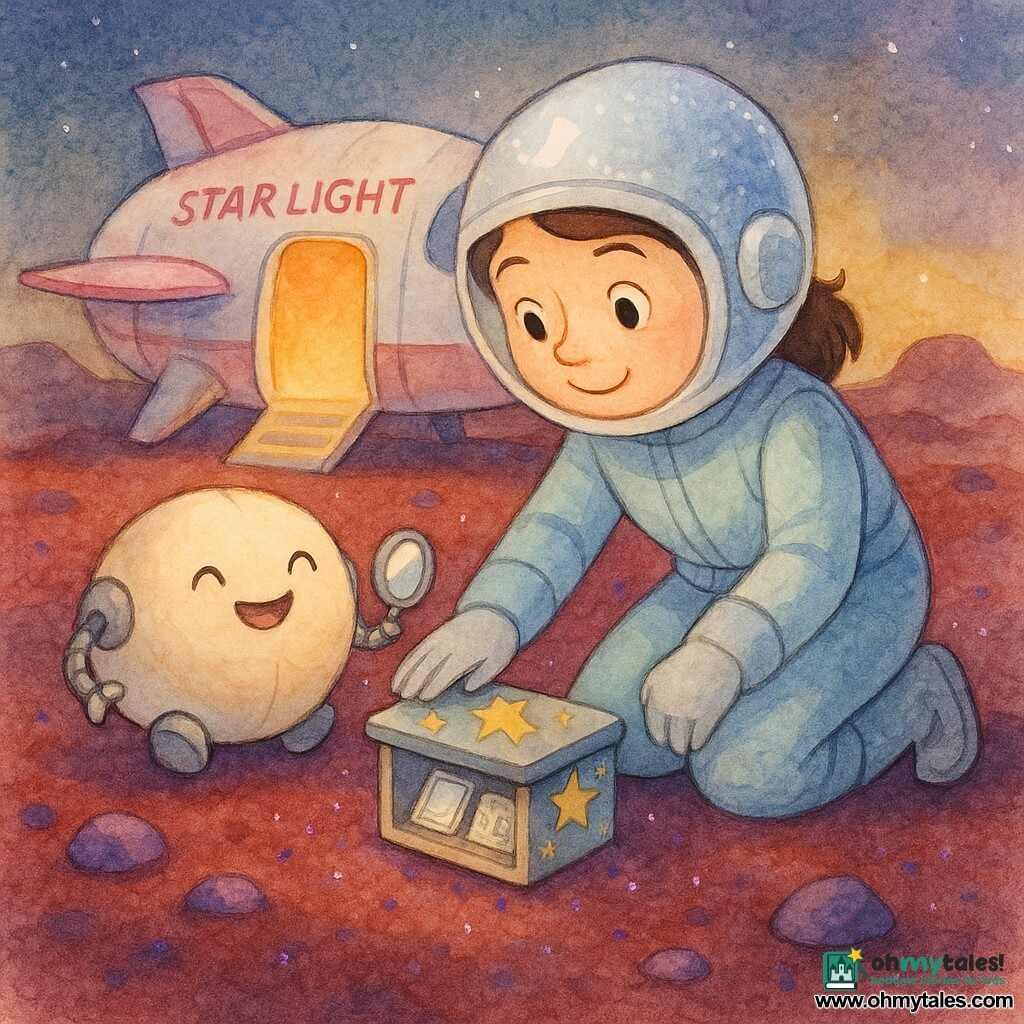 A smiling, curious young female explorer with a round face and large eyes kneels in a pale blue suit, silver boots and a shimmering helmet, gently brushing a small star-decorated box with her palm as she respectfully returns its simple treasure—little mirrors and an illustrated book; beside her hovers Patch, a cream, cushion-sized, round fluffy robot with metal arms, humming and holding a small shiny mirror, while the white-and-pink spaceship Star Light stands behind with its door open and a soft light; the Red Moon ground is dark velvety red dust with purple shiny rocks and tiny violet sparkles, rendered in warm, tender watercolor with soft contours, granular lunar textures and subtle mirror reflections.