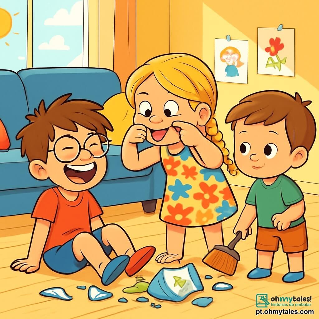 Há 3 personagens: - Pedro: um menino de 7 anos, com cabelos castanhos bagunçados e óculos redondos. Ele está sentado no chão, rindo muito. - Ana: uma menina de 7 anos, com longos cabelos loiros trançados e um sorriso travesso. Ela usa um vestido colorido com flores e está fazendo uma careta engraçada. Ela está ao lado de Pedro, se inclinando para fazê-lo rir. - Lucas: um menino de 5 anos, com cabelos castanhos e bochechas redondas. Ele veste uma camiseta verde e um short. Ele está em pé, segurando uma vassourinha, pronto para ajudar os irmãos a limpar. O local é uma sala de estar iluminada, com um grande sofá azul e almofadas coloridas espalhadas. Raios de sol entram pelas janelas, iluminando o chão de madeira clara, onde estão pedaços de um vaso quebrado. Um canto do quarto é decorado com desenhos infantis pendurados na parede. A cena principal mostra as três crianças rindo juntas depois que Pedro derrubou um vaso enquanto dançava. Ana faz uma careta para fazer Pedro rir, enquanto Lucas, com uma expressão concentrada, está pronto para varrer os cacos do vaso. A atmosfera é alegre e cheia de cumplicidade, ilustrando seu espírito de equipe apesar do pequeno acidente.