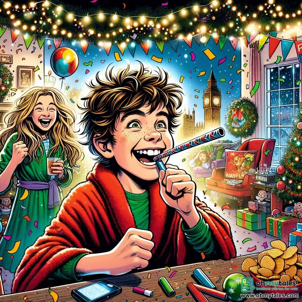 A 12-year-old boy, Oliver, with messy brown hair and sparkling eyes, is wearing a red bathrobe and has a big smile on his face. He is blowing into a noisemaker, surrounded by colorful confetti flying around him. Next to him is his 15-year-old sister Emma, with long blonde hair, laughing while holding a phone, ready to capture the moment. Their mother, a woman in her thirties with brown hair and glasses, stands behind them with her arms crossed and a proud smile, watching the scene with amusement. 

The scene takes place in a cozy living room decorated with twinkling lights and colorful balloons. A large "Happy New Year" sign is hanging on the wall, and a table is filled with festive snacks like Mini Big Bens and crisps. 

Oliver, as the master of ceremonies, enthusiastically announces the start of their New Year's party, while laughter and music fill the air, creating a joyful and festive atmosphere.