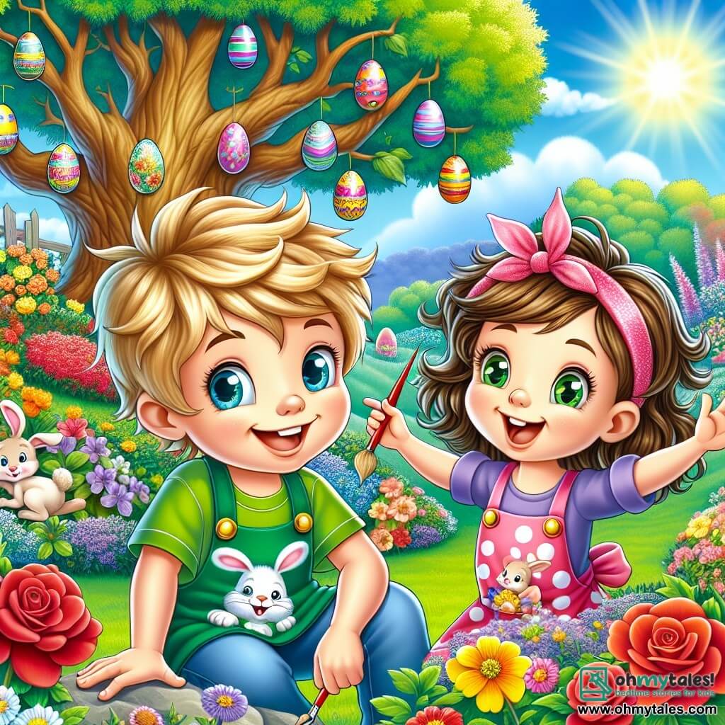 A 5-year-old boy named Oliver, with bright blue eyes and messy blonde hair, sits in a colorful garden, his face beaming with excitement and joy. He wears a green apron decorated with little rabbits and holds a paintbrush in one hand, while the other hand is raised as if he has just discovered something wonderful. Next to him is his best friend Lily, a 5-year-old girl with brown hair in pigtails and a pink polka-dot dress, enthusiastically pointing at a tree where colorful Easter eggs are hanging. She has a wide smile, her eyes sparkling with excitement. The enchanting garden is filled with vibrant flowers: red roses, yellow daisies, and purple pansies. A majestic oak stands in the center, its outstretched branches adorned with shiny Easter eggs, while the sun shines in a clear blue sky, creating a joyful and magical atmosphere. The main scene shows Oliver and Lily engaged in an Easter egg hunt, Oliver excitedly raising his paintbrush, ready to paint an egg, while Lily marvels at the hidden eggs in the tree branches.