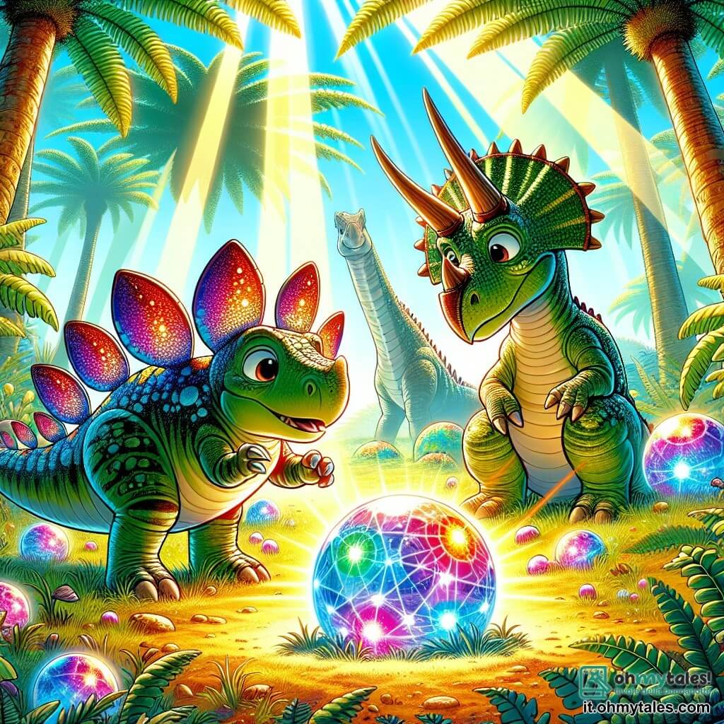 Un giovane stegosauro di nome Pilo, con placche brillanti e colorate sulla schiena, esprime grande curiosità e meraviglia. Si trova in piedi sulle zampe posteriori, mentre scopre una misteriosa sfera luminosa posata sul terreno. Accanto a lui, la sua migliore amica Tira, un triceratopo dalle corna maestose, osserva con occhi spalancati, le sue scaglie verdi scintillanti al sole. La scena si svolge in una lussureggiante foresta dell'Isola del Sole, dove felci giganti e cicadi dalle ampie foglie creano un'atmosfera magica. Raggi di sole filtrano tra gli alberi, illuminando la sfera che emette luci colorate. Pilo e Tira sono in esplorazione, affascinati dalla scoperta di questo oggetto misterioso che sembra contenere un incredibile segreto.