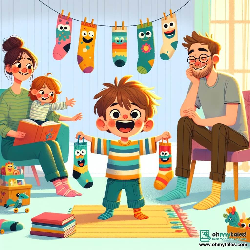 A 4-year-old boy named Timmy, with messy brown hair and a big joyful smile, stands in the center of the image. He wears a colorful striped t-shirt and mismatched socks, holding animated socks with googly eyes. To his right, his mom, a woman in her thirties with brown hair in a bun, laughs at the socks while sitting on a comfy couch surrounded by colorful cushions, holding an open book on her lap. On the left, his dad, a man in his thirties with a light beard and glasses, smiles as he wakes up from a nap in a chair. He wears a simple t-shirt and casual pants, appearing amused by the scene. The setting is a warm living room with pastel yellow walls, toys scattered on the floor, and soft light filtering through the curtains. The main situation shows Timmy putting on a puppet show with his colorful socks, making them talk and dance, while his parents laugh and enjoy the moment, creating a joyful and playful atmosphere.