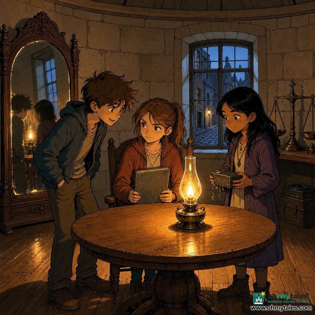 There are three children: Mina, 11, light brown hair in a ponytail, determined look, sitting center on a wooden chair facing a golden oil lamp, holding a worn gray notebook on her lap; Jules, 11, tousled hair and a mischievous smile, stands left of Mina with hands in pockets leaning in as if whispering an idea; Noor, 11, straight black hair and a gentle smile, stands right of Mina holding a small tin box that tinkles, watching the lamp. They are in a warm, round room with pale stone walls, varnished wooden floorboards and a large round table; the golden lamp in the center casts a warm halo that also hits a carved wooden-framed mirror on the left, an old metal scale on a shelf to the right, and a tall square window opening onto a cobbled street that admits a strip of cool light. The three children are making an important decision around the lamp: Mina, the hesitant judge, consults the lamp while Jules and Noor support her; the light creates sharp reflections and shadows, the atmosphere calm and tactile with warm amber, wood and ochre tones contrasted by the window’s pale blue.