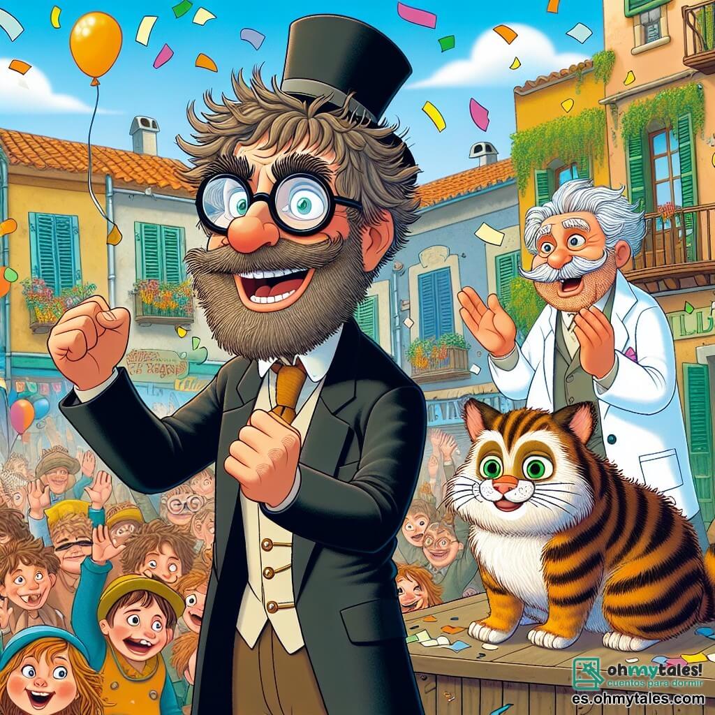 Don Rufino Trastos es un hombre de mediana edad, con cabello despeinado y barba desaliñada, que lleva gafas redondas que se deslizan por su nariz. Tiene una amplia sonrisa de emoción mientras se encuentra en un pequeño escenario, con un sombrero de copa negra en la cabeza y los brazos levantados en señal de triunfo, rodeado de confetis de colores que vuelan a su alrededor. A su lado, Mostacho, un gato atigrado y corpulento con ojos verdes brillantes, está tumbado en una mesa, observando la escena con un aire despreocupado, como si fuera el rey de la fiesta. El profesor Nimbo, un hombre mayor con cabello blanco desordenado y una bata de laboratorio, aplaude con entusiasmo, con los ojos brillantes de curiosidad, justo detrás de Don Rufino. La escena tiene lugar en la animada plaza de Villalegre, rodeada de casas coloridas con persianas abiertas, donde niños y adultos ríen y se maravillan ante el espectáculo. Globos flotan en el cielo azul, y un gran árbol de follaje verde se alza al fondo, añadiendo un toque de naturaleza a la atmósfera festiva. La situación principal muestra a Don Rufino demostrando su invención, el Chistero Mágico, que acaba de crear un enorme pastel de chocolate que vuela por los aires, provocando risas y gritos de sorpresa entre la multitud maravillada.