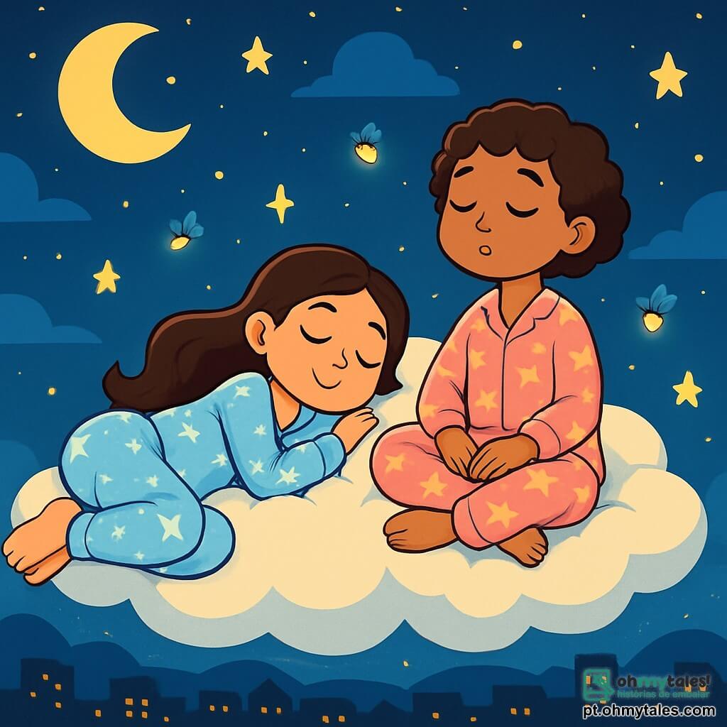 Há 2 personagens principais: - Beatriz: uma menina de 10 anos, com longos cabelos castanhos ondulados, vestindo um pijama azul claro com estrelas brancas. Ela está deitada em uma nuvem macia, com os olhos fechados e um sorriso sereno no rosto. - Ana: uma menina de 10 anos, com cabelos curtos e cacheados, vestindo um pijama rosa com estampas de flores. Ela está sentada ao lado de Beatriz na nuvem, com as mãos sobre os joelhos, os olhos fechados, respirando profundamente com uma expressão tranquila. O cenário principal é um vasto céu noturno, repleto de nuvens fofas e suaves, iluminado por estrelas cintilantes. A nuvem onde as meninas estão é grande e macia, flutuando pacificamente sobre uma cidade adormecida, com luzes douradas brilhando ao longe. A situação principal da história mostra Beatriz e Ana flutuando em sua nuvem, respirando calmamente, cercadas por vagalumes luminosos que dançam ao redor delas, criando uma atmosfera mágica e relaxante.