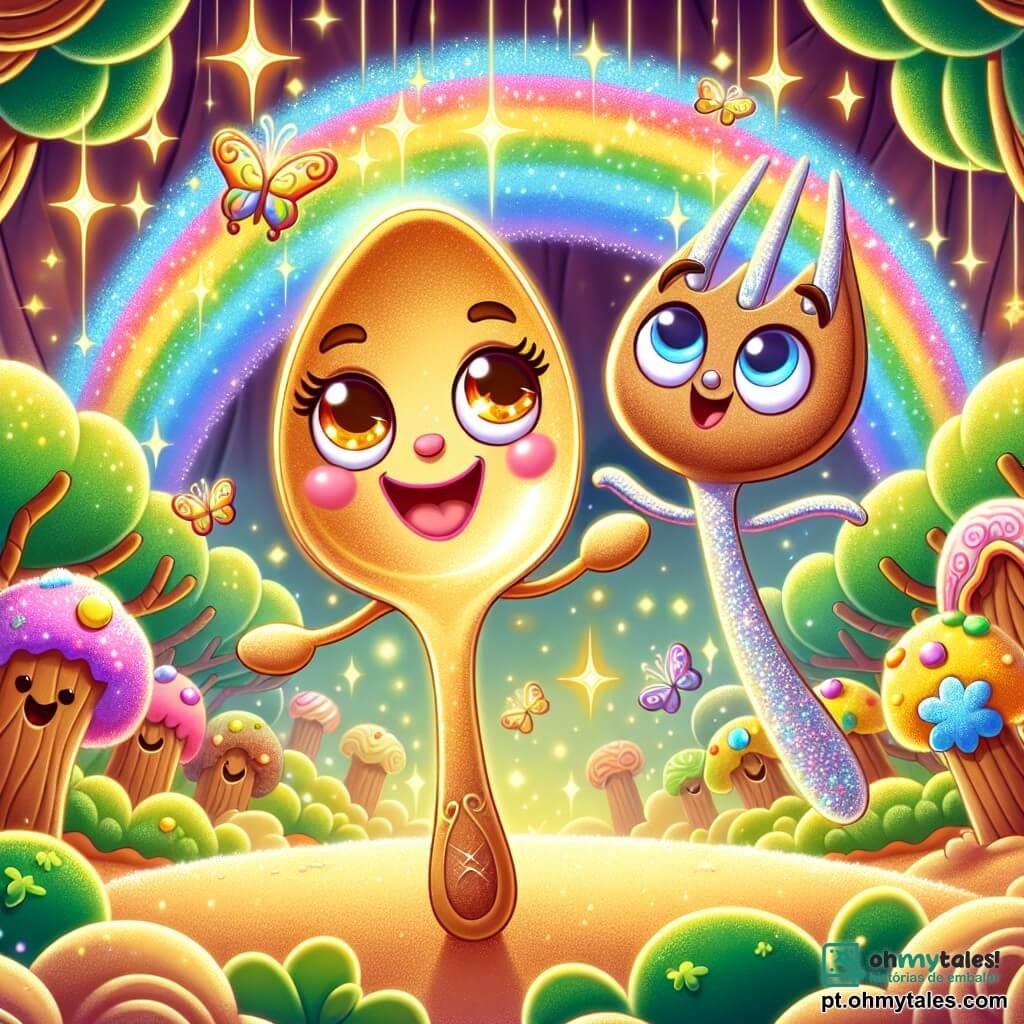 Tília, uma pequena colher mágica com olhos brilhantes e um sorriso radiante, dança alegremente sob um arco-íris brilhante, seus reflexos dourados cintilando à luz. Ao seu lado, o Garfo Sabichão, um garfo travesso com bigodes de fio de prata, sorri entusiasticamente, pronto para ajudá-la em sua aventura. Eles estão em um lindo Bosque de Biscoitos, cheio de árvores de gengibre com troncos marrons e folhas de açúcar colorido, com flores de doces que brilham como estrelas. Borboletas de chocolate voam ao redor, acrescentando um toque de magia à cena. Tília e o Garfo dançam juntos, cercados por nuvens de farinha leve, enquanto se aproximam do Cristal de Açúcar cintilante, que emite uma suave luz dourada, prometendo uma aventura cheia de doçura e alegria.