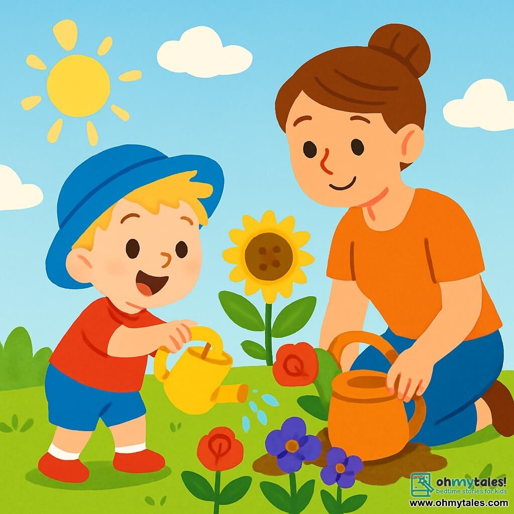A 2-year-old boy with messy blonde hair and a big joyful smile is watering colorful flowers in a sunny garden. He wears a bright blue hat and red shoes, and his eyes shine with excitement. Next to him, his mother, a woman in her 30s with her brown hair in a bun, smiles while holding a watering can. She is kneeling by the flowers, hands full of dirt, and looks at her son with tenderness. The garden is filled with vibrant flowers: red roses, yellow sunflowers, and delicate violets, under a clear blue sky dotted with fluffy white clouds. The scene exudes a joyful, summery atmosphere as the little boy splashes water on the flowers, creating sparkling droplets in the sunlight.