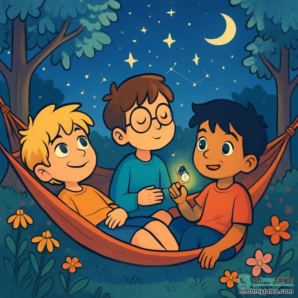 Er zijn 3 personages: - Finn: een 10-jarig meisje met rommelig blond haar en nieuwsgierige ogen. Hij ligt op een zachte hangmat met een serene glimlach op zijn gezicht, kijkend naar de sterren. - Jelle: een 10-jarig meisje met bruin haar en ronde brillen. Hij zit op de rand van de hangmat met gesloten ogen, dromend, met een hand op zijn buik. - Amir: een 10-jarig meisje met zwart haar en een licht gebruinde huid. Hij ligt naast Finn en houdt een vuurvliegje in zijn hand, verwonderd door het licht. De locatie is een vredige tuin, verlicht door het zachte maanlicht. Bomen met zilverachtige bladeren omringen de scène en kleurrijke bloemen bloeien rond de hangmat. De lucht is gevuld met fonkelende sterren die dansende patronen vormen, en een lichte bries laat de bladeren rimpelen, wat een magische en rustgevende sfeer creëert. De belangrijkste situatie toont de drie jongens die in een dromerige toestand zweven, wiegend op de zachte melodie van de nacht. Het vuurvliegje schittert zachtjes en verlicht hun serene gezichten terwijl ze hun gedachten laten vliegen, omringd door de schoonheid van de sterrenhemel.