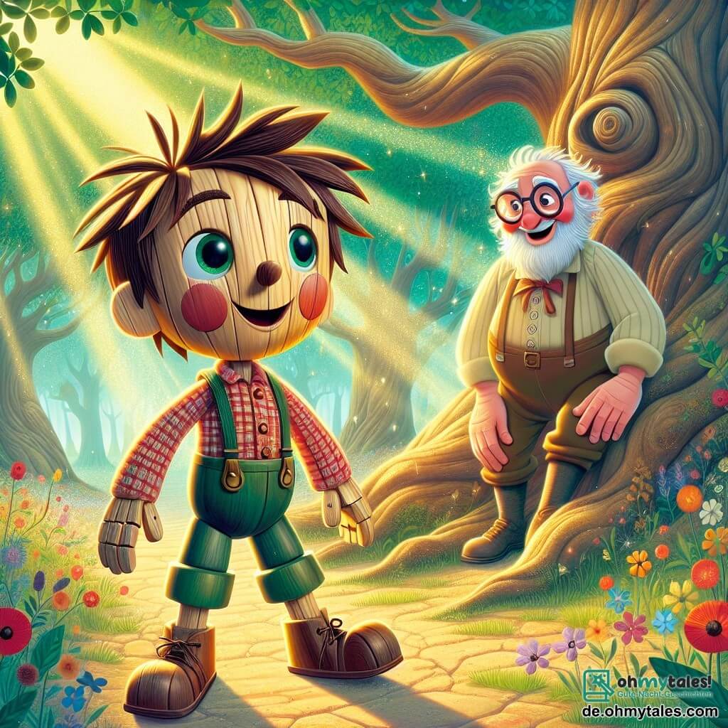 Pinocchio, ein kleiner Holzjunge mit zerzausten braunen Haaren und einem schelmischen Lächeln, steht am Fuß einer majestätischen alten Eiche, seine Augen leuchten vor Aufregung und Staunen. Er trägt ein rotes Karoshirt und eine blaue Hose und hält einen kleinen goldenen Schlüssel in der Hand, bereit, ihn zu benutzen, um anderen zu helfen. Neben ihm beobachtet Geppetto, ein etwa 60-jähriger Mann mit weißem Bart und runden Brillen, stolz seinen Adoptivsohn. Er trägt eine beigen Arbeitsjacke und einen Filzhut, lächelt warmherzig mit den Händen in den Hüften und schaut bewundernd zu Pinocchio. Die Szene spielt in einer verwunschenen Lichtung, umgeben von leuchtend grünen Bäumen und bunten Blumen, die im Wind tanzen. Sonnenstrahlen filtern durch die Äste und schaffen helle Muster auf dem Erdboden. Pinocchio ist voller Enthusiasmus, bereit, den magischen Schlüssel zu benutzen, um die Herzen der Dorfbewohner zu öffnen und Freude und Freundlichkeit in ihr Leben zu bringen. Vögel singen um sie herum und verleihen diesem kostbaren Moment einen Hauch von Magie.
