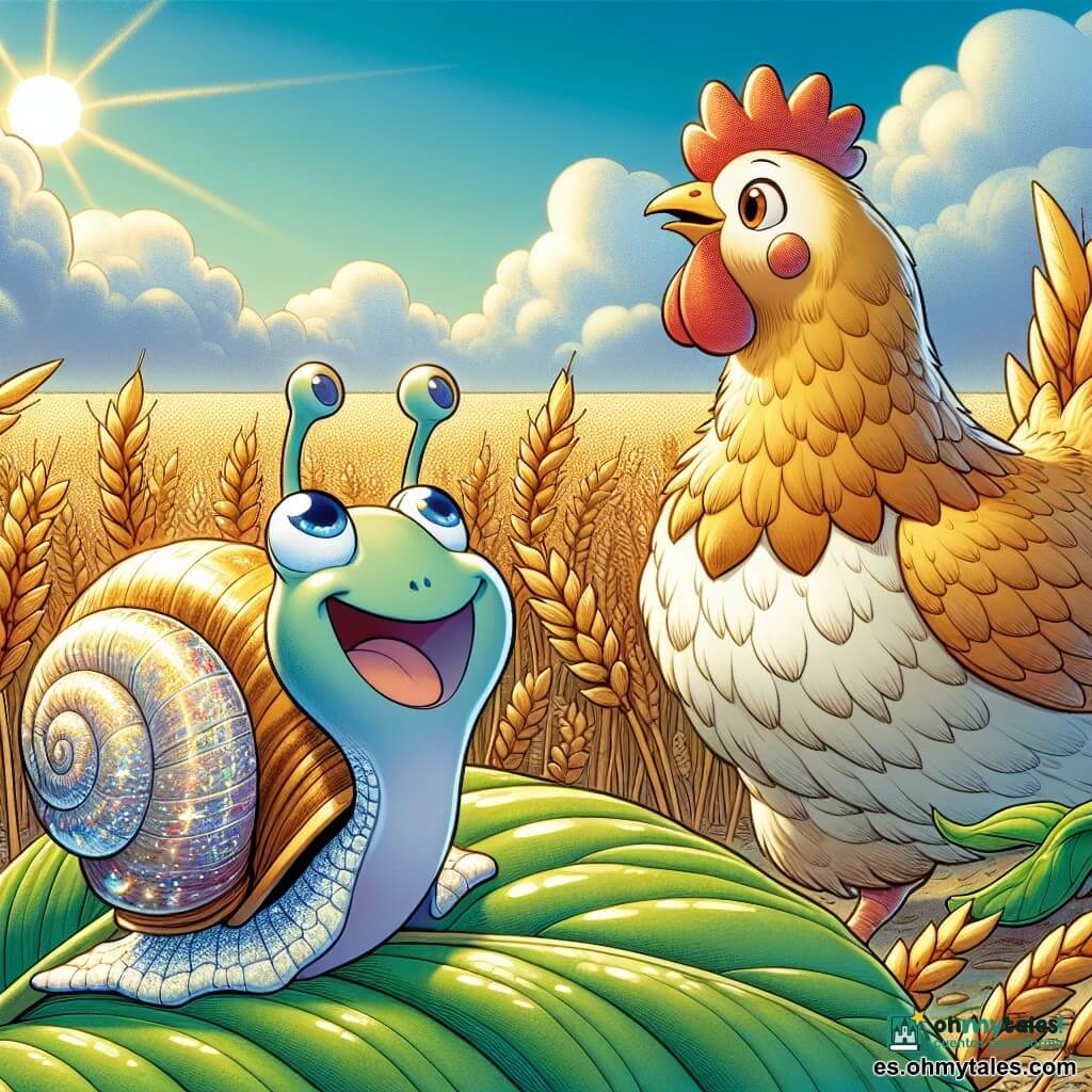 Un caracol llamado Lirio, con una concha nacarada de reflejos iridiscentes, avanza lentamente sobre una hoja verde brillante, sus antenas erguidas, expresando una curiosidad alegre y maravillada. A su lado, Doña Pluma, una gallina de plumas doradas y mirada benevolente, picotea suavemente el suelo, cuidando de Lirio con una sonrisa maternal. Al fondo, un campo de trigo dorado se extiende hasta donde alcanza la vista, las espigas bailando bajo una suave brisa, mientras un cielo azul brillante está salpicado de nubes esponjosas. La escena representa a Lirio y Doña Pluma descubriendo juntos el mundo, con Lirio cantando una nueva melodía, rodeado de la belleza del paisaje soleado.