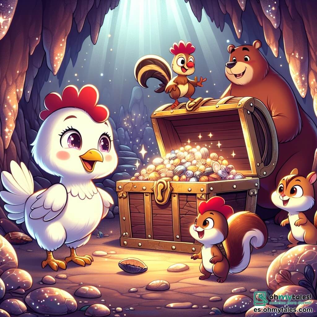 Una gallina llamada Clara, con plumas blancas brillantes y ojos llenos de curiosidad, se encuentra en el centro de la imagen, mirando con asombro un gran cofre antiguo lleno de libros relucientes. A su derecha, un gallo llamado Tico, con plumas rojas y doradas, muestra una expresión orgullosa y alegre, listo para abrir el cofre. A su izquierda, una pequeña ardilla llamada Lila, con pelaje marrón y ojos traviesos, salta de emoción, con sus patas delanteras levantadas. La escena transcurre en una cueva misteriosa, donde piedras brillantes iluminan las paredes oscuras, creando una atmósfera mágica. Al fondo de la cueva, un gran oso de pelaje marrón y ojos dulces observa a los animales con una sonrisa benevolente, listo para compartir los tesoros de la aventura. Clara, Tico y Lila descubren juntos el verdadero tesoro: libros llenos de historias maravillosas, simbolizando la amistad y la magia de la imaginación.