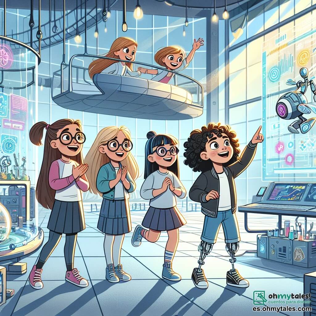 Cuatro chicas de 10 años están juntas en un laboratorio futurista. Elena, con cabello castaño y gafas redondas, mira asombrada un vehículo flotante. A su derecha, Marta, con cabello rubio y rizado, sonríe señalando una pantalla holográfica. A la izquierda, Ana, con cabello negro y mucha energía, salta de emoción, mientras que Lucía, con una prótesis biónica en la pierna, observa con determinación. El laboratorio es moderno, con paredes de vidrio transparente, máquinas brillantes y paneles solares. Hologramas coloridos flotan en el aire, mostrando información sobre invenciones. La luz del sol ilumina el lugar con un brillo cálido. Las chicas acaban de realizar un vuelo de prueba en un vehículo ecológico y expresan su alegría y entusiasmo por la experiencia. La atmósfera está llena de descubrimientos y promesas de futuras aventuras.