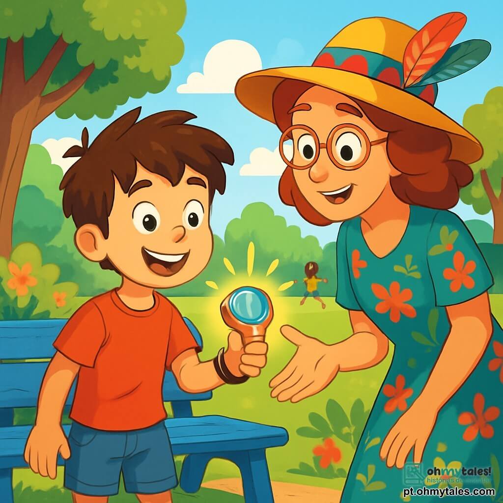 Um menino de 8 anos, Enzo, com cabelos castanhos bagunçados e olhos brilhantes de curiosidade, está diante de um misterioso banco azul em um parque verdejante. Seu rosto expressa excitação e admiração, com um largo sorriso que ilumina seu rosto. Ele veste uma camiseta vermelha e um short de jeans, segurando um estranho e brilhante bracelete em forma de relógio na mão. Ao seu lado, a professora Tica, uma mulher de cerca de 30 anos, com um chapéu colorido adornado com penas e óculos redondos, sorri calorosamente. Ela usa um vestido com estampas florais e se inclina levemente em direção a Enzo, como se estivesse lhe revelando um segredo. O parque está repleto de árvores majestosas com folhas verdes brilhantes, flores coloridas e um céu azul claro salpicado de nuvens brancas fofas. Crianças brincam ao longe, adicionando uma atmosfera alegre à cena. Enzo, intrigado e entusiasmado, observa o bracelete mágico que acabou de receber, pronto para descobrir os mistérios da viagem no tempo, enquanto Tica lhe explica as regras de sua aventura.