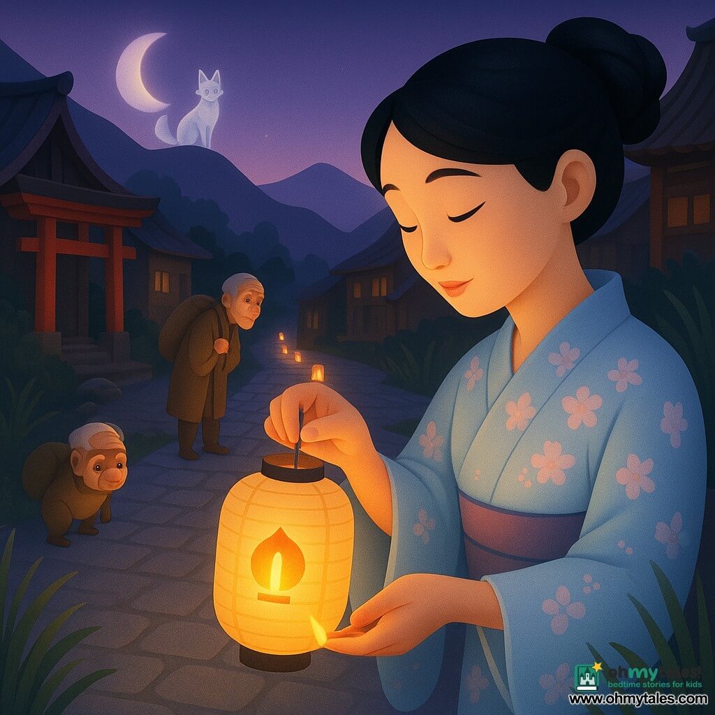Adult woman (Hana), gentle focused face, calm eyes, black hair braided into a bun, wearing a pale blue cherry-patterned kimono, lighting a beige paper lantern with a small orange flame; an elderly male traveler (about 70), stooped with gray hair and a canvas travel coat, stands at the village entrance left of scene, looking gratefully toward the lanterns; a playful tanuki, small and round with brown-spotted fur and mischievous bright eyes, hides among reeds at right, hesitating; a silver fox spirit, thin and translucent, perches on the ridge in the background, its luminous tail blending into the moon, watching the path; location: gray stone-paved alley lined with wooden houses with curved roofs, an old wooden shrine with a red torii at left, reeds and a glittering river at right, dark mountains and a violet twilight sky; main action: Hana adjusts and relights a lantern painted with a straight-path symbol, its warm flame casting a trail of small golden lights guiding travelers.