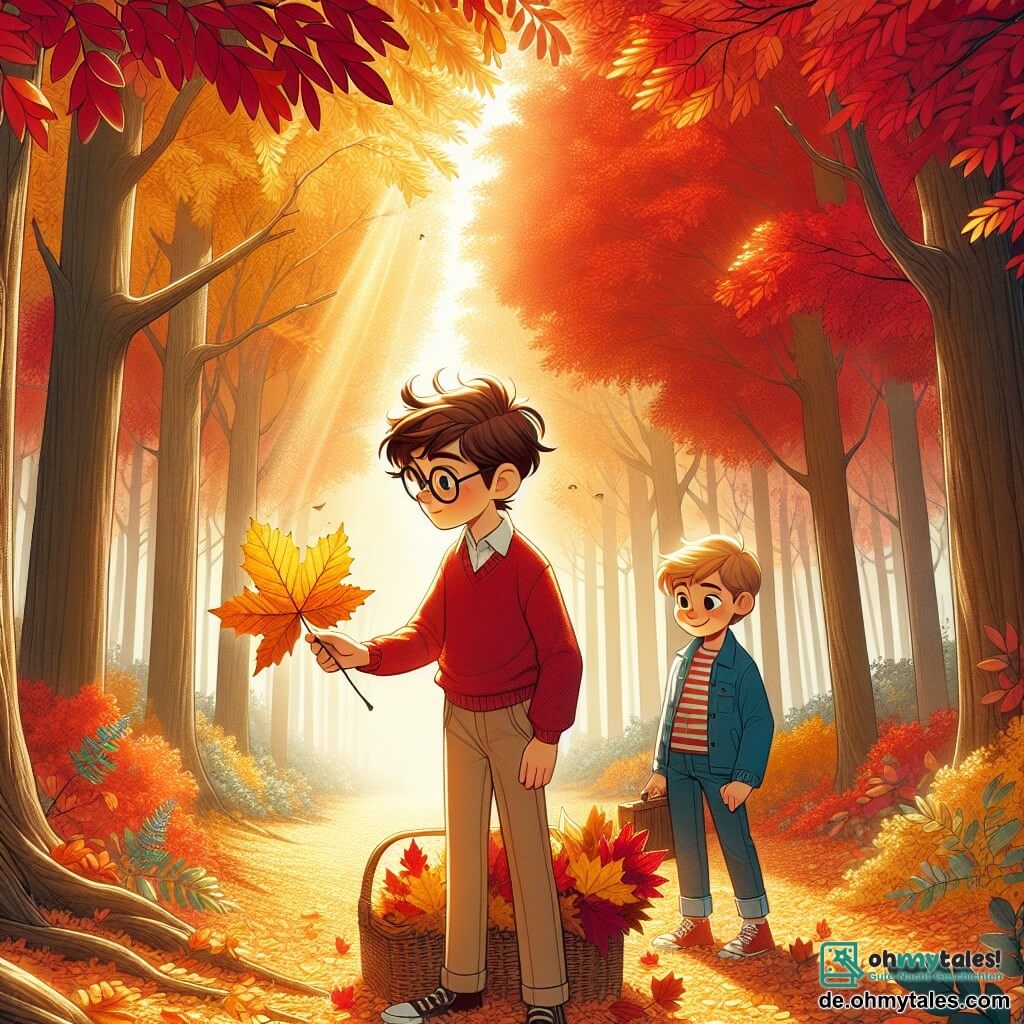 Zwei Jungen, Leo und Max, 10 Jahre alt, stehen im Zentrum eines herbstlichen Waldes. Leo hat zerzauste braune Haare und eine runde Brille, trägt einen roten Pullover und beige Hosen, während Max glattes blondes Haar hat und eine blaue Jacke sowie Jeans trägt. Leo beugt sich vor und betrachtet ein wunderschönes goldenes Laub, das er in der Hand hält, während Max lächelnd neben ihm steht und einen Korb voller bunter Blätter hält. Der Ort ist ein lebendiger Herbstwald, in dem majestätische Bäume mit leuchtend roten, orangefarbenen und gelben Blättern geschmückt sind. Der Boden ist mit heruntergefallenen Blättern bedeckt, und ein sanfter Sonnenstrahl bricht durch die Äste und schafft eine warme, einladende Atmosphäre. Die Hauptsituation zeigt die beiden Freunde bei ihrer Erkundung, fasziniert von der Schönheit der Blätter, die sie für ihr Kunstprojekt sammeln. Sie sind umgeben von der Magie der Natur, mit Vögeln, die in den Bäumen singen, und einem leichten Wind, der die Blätter um sie herum tanzen lässt.