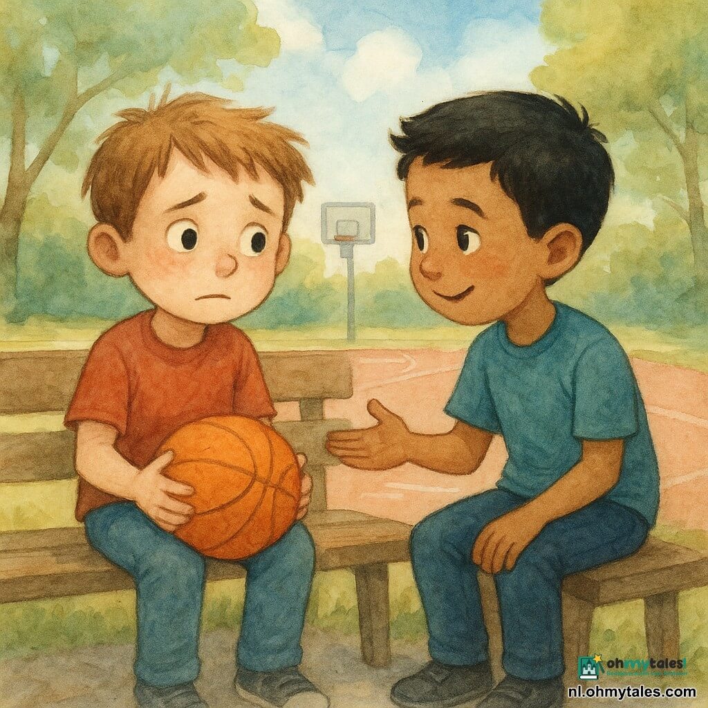 Een 6-jarige jongen met een rond gezicht, licht ongerust maar opgelucht, warrig kastanjelicht haar en grote expressieve ogen zit op een houten bankje met zijn handen op een gescheurde oranje basketbal; naast hem zit Sam, ook 6, met kort zwart haar en een warme glimlach, die vriendelijk naar hem leunt en een hand uitsteekt om hem gerust te stellen; het is een buitenbasketveld met rood asfalt met krijtsporen, een metalen basket op de achtergrond en groene bomen die gespikkelde schaduwen werpen, onder een lichtblauwe lucht met wat wolken, de scène toont een rustig moment na een klein onwelzijn, zachte zonlichtverwarming, pastelkleurige aquareltexturen en zachte contouren met lichtaccenten op de bal en gezichten.