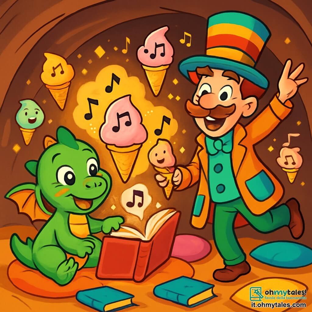 Mirtillo, un piccolo drago verde con ali delicate e guance rosa, è seduto su un cuscino morbido nella sua grotta. Ha un grande sorriso meravigliato e gli occhi brillanti di curiosità mentre tocca un libro che si trasforma in un gelato cantante. Accanto a lui, il Professore Pasticcio, un uomo alto con un cappello a righe colorate e un cappotto pieno di tasche, salta gioiosamente con un cono di gelato in mano, un sorriso malizioso e occhi scintillanti. La grotta è piena di cuscini colorati, libri sparsi e nuvole di glitter scintillanti, creando un'atmosfera magica e gioiosa. La scena mostra Mirtillo e il Professore circondati da gelati cantanti che danzano e cantano, riempiendo l'aria di musica gioiosa e colori vivaci, illustrando un momento di pura felicità e dolce follia.