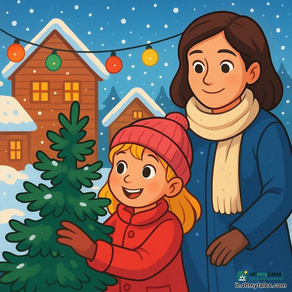 Una bambina di 6 anni, Leda, con capelli dorati come raggi di sole e occhi brillanti di curiosità, si trova davanti a un piccolo albero di Natale. Ha un sorriso meravigliato e le guance arrossate dal freddo. Indossa un cappotto rosso vivo e un berretto di lana, mentre le sue mani delicate accarezzano i rami dell'albero. Accanto a lei, sua madre, una donna di una trentina d'anni con capelli castani e occhi dolci, osserva Leda con tenerezza, vestita con una sciarpa di lana e un cappotto blu, pronta a sostenere la figlia. Il luogo è un affascinante villaggio innevato, con case di legno dai tetti coperti di neve scintillante. Lampioncini colorati illuminano la scena e fiocchi di neve cadono dolcemente, creando un'atmosfera magica. La situazione principale mostra Leda mentre sceglie l'albero perfetto per Natale, circondata da neve e luce, con il cuore colmo di gioia ed eccitazione, pronta a fare di questo albero il simbolo dello spirito natalizio.