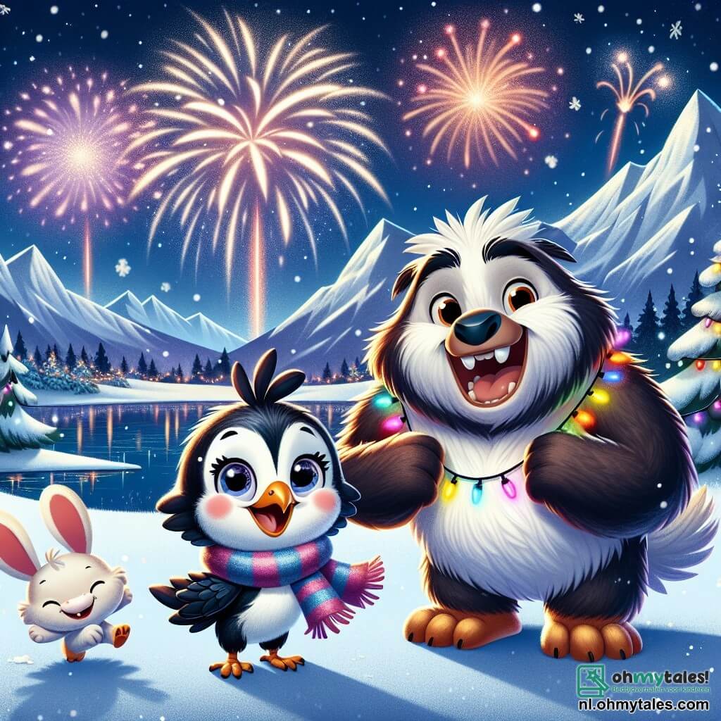 Klara de Kluut, een klein vogel met witte en zwarte veren, staat vrolijk in het midden van een feestelijke scène, haar gezicht straalt van blijdschap terwijl ze naar het schitterende vuurwerk in de nachtelijke lucht kijkt. Ze draagt een kleurrijke sjaal om haar nek en haar grote ogen glanzen van opwinding. Naast haar staat Ben de Bever, een robuust dier met een bruine vacht en uitstekende tanden, die breed glimlacht terwijl hij een slinger van fonkelende lichtjes vasthoudt, klaar om een nabijgelegen boom te versieren. Verderop blaft Stijn de Sneeuwhond, een grote witte hond met een donzige vacht, vrolijk terwijl hij speelt met kleine konijnen die om hem heen springen, wat een vrolijke toets aan de scène toevoegt. De locatie is een prachtig alpien landschap, met een bevroren meer dat onder de sterren schittert, omringd door majestueuze bergen bedekt met sneeuw. Sneeuwvlokken vallen zachtjes, wat een magische sfeer aan de nacht toevoegt. De hoofdscène toont Klara en haar vrienden die het nieuwe jaar vieren, omringd door kleurrijke versieringen, terwijl ze zich voorbereiden om het vuurwerk te bewonderen dat de lucht verlicht, wat een sfeer van vreugde en vriendschap creëert.