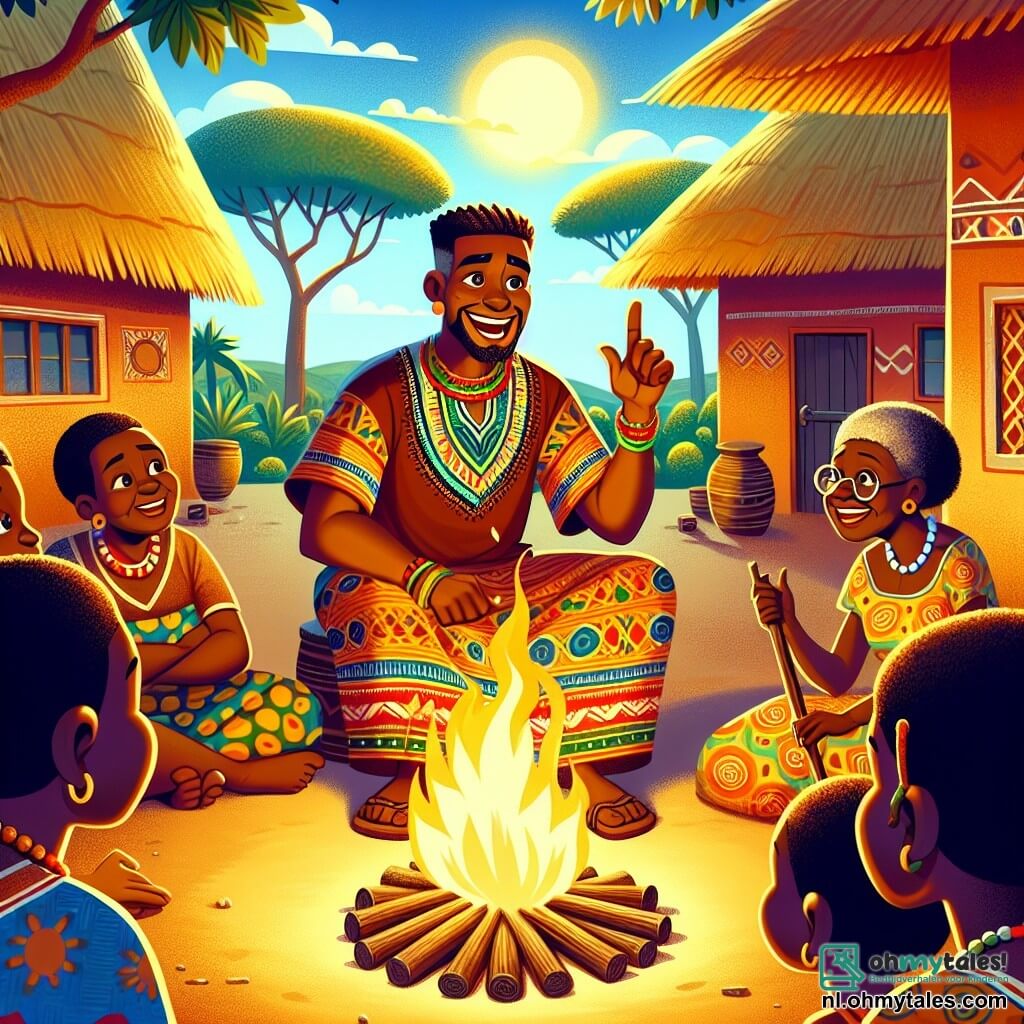 Kofi is een man van rond de dertig, met een warme bruine huid en krullend haar. Hij draagt een kleurrijke traditionele kleding, versierd met Afrikaanse patronen, en heeft een brede glimlach die vreugde en verwondering uitstraalt. Kofi zit rond een kampvuur en luistert aandachtig naar de verhalen van de dorpsbewoners. Naast hem vertelt een oude vrouw van ongeveer 70 jaar, met diepe rimpels en sprankelende ogen, een verhaal. Ze draagt een jurk van levendige stof en houdt een houten stok vast, terwijl ze enthousiast gebaart. De locatie is een pittoresk Afrikaans dorp met lemen huizen met rieten daken, omringd door weelderig groen en grote bomen. De lucht is helderblauw en de zon begint onder te gaan, waardoor er gouden licht op de scène valt. Kofi is gebiologeerd door de verhalen van de oude vrouw, terwijl andere dorpsbewoners, die rond het vuur zitten, aandachtig luisteren en glimlachen, wat een warme en gezellige sfeer creëert.