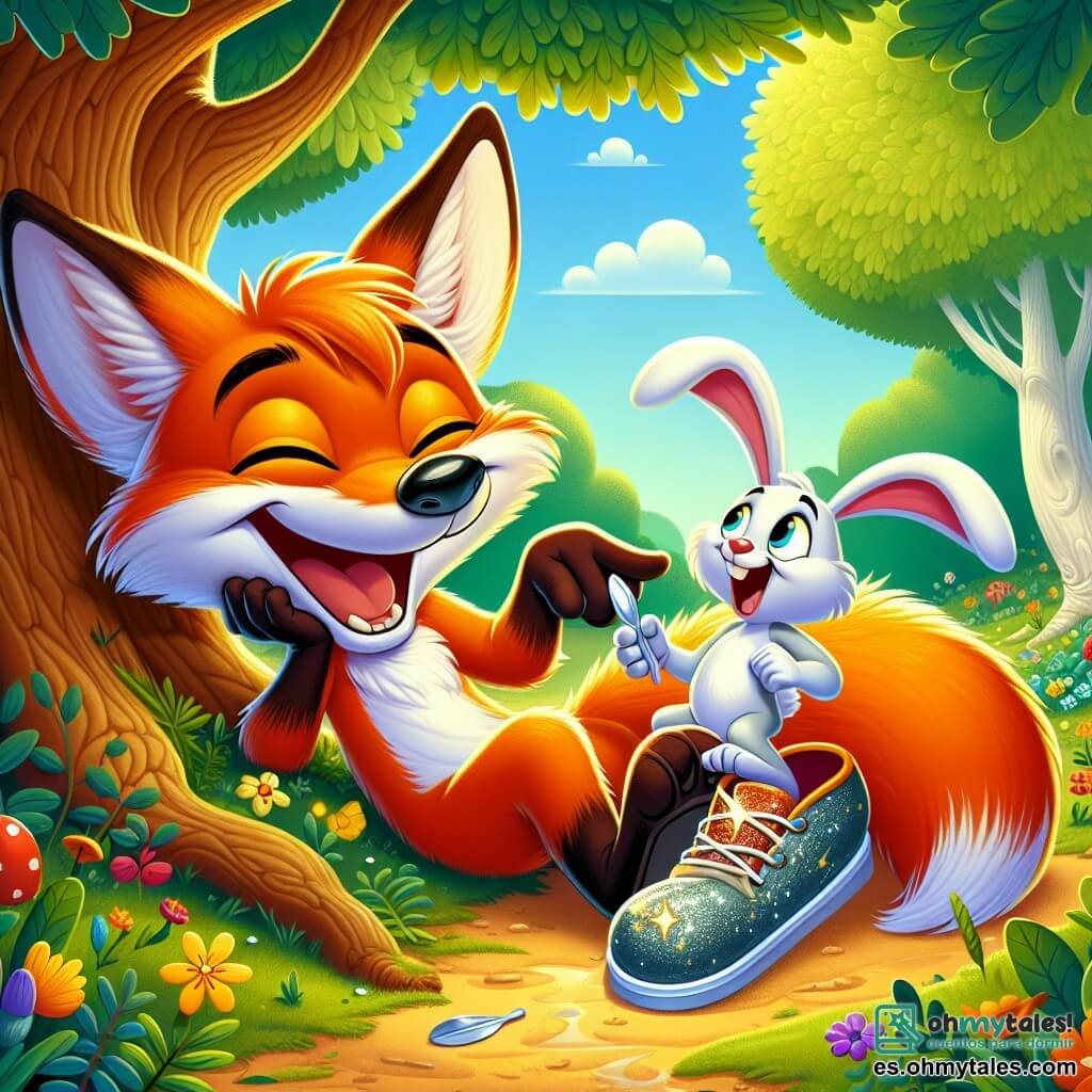 Un astuto zorro llamado Rufus, con un pelaje naranja brillante y ojos traviesos, está acostado bajo un gran roble riendo a carcajadas. Tiene una sonrisa pícara y sus orejas están erguidas, mostrando su emoción. A su lado, un pequeño conejo llamado Rolo, con pelaje blanco y grandes orejas caídas, está sentado, con los ojos muy abiertos de sorpresa, sosteniendo un zapato mágico brillante en sus patas delanteras. El lugar es un claro soleado del bosque, lleno de flores coloridas y árboles majestuosos, con un suave arroyo que fluye cerca, creando un ambiente pacífico y alegre. La situación principal muestra a Rufus y Rolo riendo juntos después de una aventura hilarante, Rolo tratando de poner el zapato mágico en su cabeza como un sombrero, mientras Rufus, divertido, se revuelca en el suelo, rodeado de hojas y pétalos.
