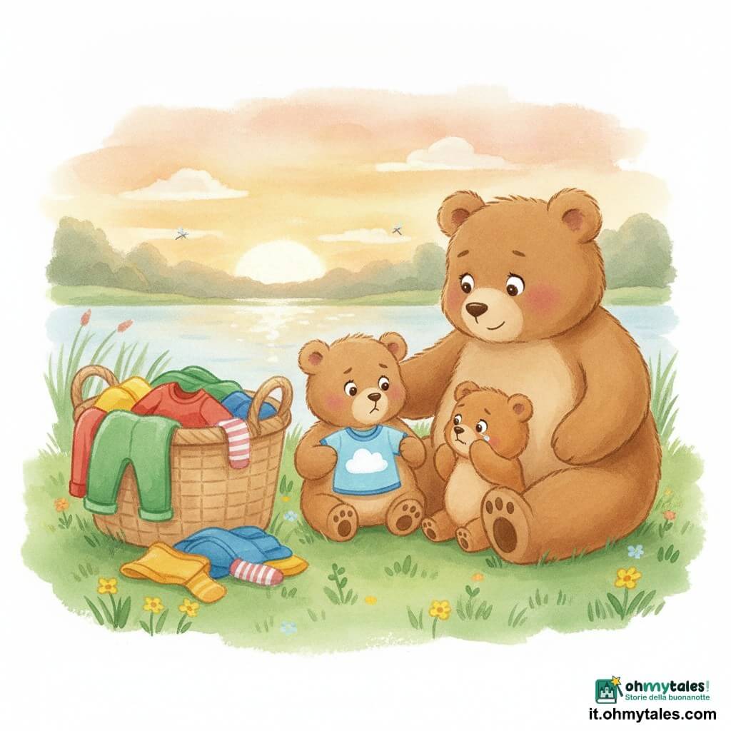 Bruno, un piccolo orsacchiotto marrone chiaro dagli occhi tondi e dolci sorride timidamente tenendo una maglietta celeste con una grande nuvola bianca; il fratellino più piccolo color caramello, imbronciato e con gli occhi lucidi, la indica supplicando; la mamma orsa, più grande e rassicurante, è seduta accanto e posa una zampa sulle loro spalle. Sono davanti a un grande cesto di panni colorati su una radura accanto a un lago, erba verde con fiori gialli e libellule al tramonto. Momento di condivisione: Bruno propone di alternarsi per la maglietta, il fratellino accetta asciugandosi una lacrima e la mamma sorride. Stile: gouache, tratti morbidi e arrotondati, colori caldi, texture di pennello, composizione semplice e leggibile per bimbi di 4 anni.
