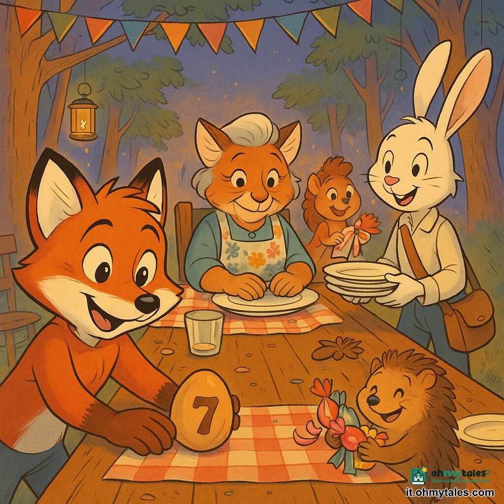 Ruggine, giovane volpina antropomorfa dal pelo rosso lucente e occhi nocciola, sorridente e commossa, posa delicatamente un uovo di legno numerato 7 sul bordo di una grande tavola rustica; Nonna Volpina, anziana signora volpe dal pelo imbiancato e grembiule a fiori, osserva con tenerezza dalla sedia principale; il Coniglio Postino, con pelliccia bianca e borsa a tracolla, sorride complice mentre passa i piatti; sullo sfondo una scoiattolina dagli occhi grandi e un riccio cuoco raccolgono tovaglioli e caramelle con gesti vivaci. Ambientazione: radura di foresta al crepuscolo, tovaglie a quadri, lanterne e bandierine colorate, fine del pranzo di Pasqua, momento collettivo e intimo in cui l’ultimo uovo viene posato sulla tavola. Stile: linee nette, colori caldi e saturi, ombre morbide, dettagli infantili (macchie di pittura, briciole, nastri), composizione centrata sulla volpe e sull’uovo.