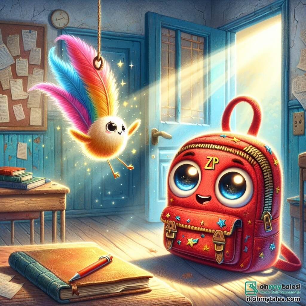 Un piccolo zainetto rosso vivo, chiamato Zip, pende gioiosamente da un gancio, con occhi scintillanti di curiosità e un sorriso malizioso. Le sue bretelle sono decorate con piccole stelle dorate che brillano alla luce. Accanto a lui, una piuma magica di nome Pennina, con piume multicolori e un viso sorridente, fluttua nell'aria, pronta a scrivere storie incredibili. Ha un'aria entusiasta, i suoi occhi brillano di eccitazione. Un quaderno saggio, con una copertina in pelle usurata e pagine ingiallite, è posato su un tavolo vicino, mostrando un'espressione concentrata mentre sfoglia le sue pagine alla ricerca di indizi. Il luogo è un'aula abbandonata, con muri dipinti di blu pastello, banchi di legno usurati e libri sparsi sul pavimento. Raggi di luce filtrano attraverso le finestre polverose, creando un'atmosfera misteriosa e magica. La situazione principale mostra Zip e i suoi amici che si preparano a esplorare una porta socchiusa che emana un'illuminazione blu intrigante, mentre si scambiano sguardi pieni di eccitazione e determinazione, pronti a scoprire i segreti nascosti dietro questa porta.