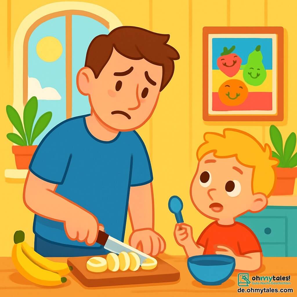Ein Mann, Papa Tom, steht in einer hellen und warmen Küche mit gelben Wänden und Fenstern, die Sonnenlicht hereinlassen. Er hat braune Haare und trägt ein blaues T-Shirt, mit einem sanften, aber etwas traurigen Lächeln, das seine Frustration zeigt. Er schneidet Bananen auf einem Holzbrett, die Fruchtstücke sind schön und ordentlich angeordnet. Neben ihm sitzt sein Sohn Leo, ein 5-jähriger Junge mit blonden Haaren und funkelnden Augen, trägt ein rotes T-Shirt und schaut besorgt zu seinem Vater, während er einen Plastiklöffel hält. Die Küche ist mit grünen Pflanzen auf der Fensterbank und einem bunten Bild an der Wand dekoriert, das lächelnde Früchte zeigt. In dieser Szene fühlt sich Papa Tom etwas frustriert, weil er arbeiten muss und nicht mit Leo spielen kann, der versucht, ihn zu trösten, indem er von der Banane spricht, die er so liebt.
