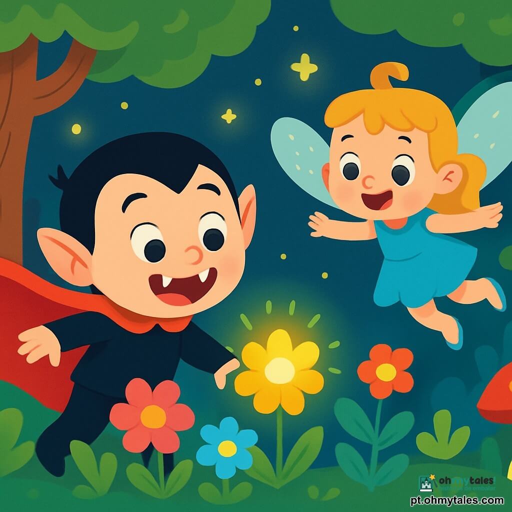 Um pequeno vampiro chamado Pipoca, com dentes redondos e brancos, usa uma capa vermelha que flutua ao seu redor. Seu rosto é iluminado por um sorriso alegre e curioso, enquanto ele observa uma flor brilhante no meio do jardim. Ao seu lado, Luna, uma fada com asas cintilantes e um lindo vestido azul, dança com entusiasmo, seus olhos brilhando de magia. O jardim é um lugar encantador, repleto de flores multicoloridas que brilham como estrelas, cercado por grandes árvores com troncos retorcidos e cogumelos gigantes. Vaga-lumes dançam no ar, adicionando um toque de luz dourada à cena. Pipoca e Luna estão em busca da misteriosa Flor Luminosa, que emite um suave brilho no centro do jardim, criando uma atmosfera mágica e cheia de aventura.