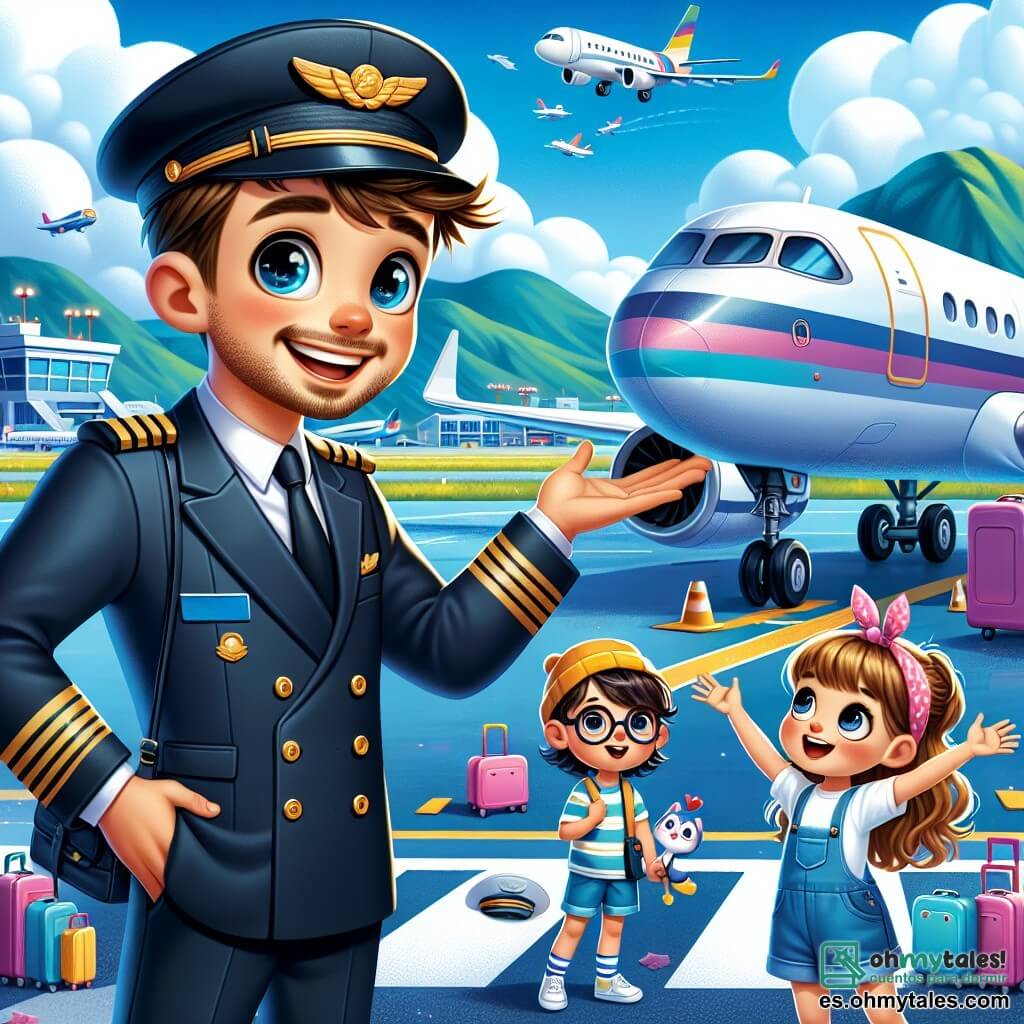 Un piloto de avión, un hombre de unos treinta años con cabello castaño y barba bien cuidada, sonríe con entusiasmo mientras se encuentra al lado de su avión, vestido con su uniforme azul marino y su gorra. Muestra con orgullo la cabina a los niños que lo rodean, con los ojos brillantes de alegría y emoción. Sofía, una niña de 8 años con cabello largo y rizado, levanta los brazos al aire, maravillada, mientras está en el escalón del avión, lista para abordar. Leo, un niño de 7 años con gafas y una camiseta a rayas, observa con admiración, sosteniendo un pequeño modelo de avión de plástico en sus manos. El lugar es un aeropuerto animado, con aviones coloridos estacionados en la pista, nubes blancas flotando en un cielo azul brillante y montañas verdes al fondo. La situación principal muestra al piloto compartiendo su amor por la aviación con los niños, explicándoles las maravillas del vuelo y animándolos a soñar en grande, rodeados por la emoción y energía de un día soleado en el aeropuerto.