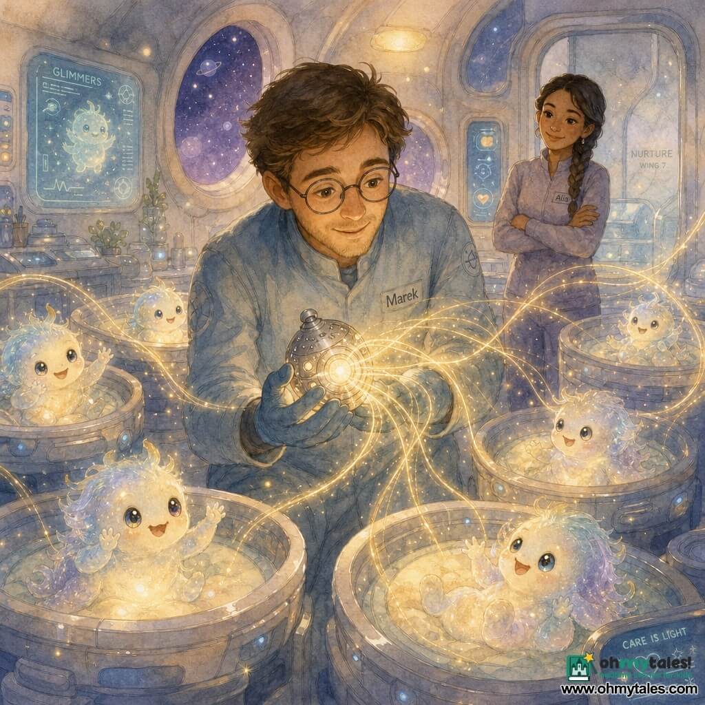 A gentle-faced man named Marek with short brown hair and round glasses smiles in wonder as he delicately holds a small shining silver beacon in gloved hands, golden filaments float from it like ribbons to warmly illuminate and comfort several small translucent, fluffy alien babies called "Glimmers" laughing and waving in round beds arranged around him; nearby Alia, about 28, light brown skin and braided hair, watches from a glass corridor door with a reassuring look and folded arms. The scene is an interior space-hospital room with curved white walls, round portholes showing a violet starry sky, dim lighting, rounded furniture with polished metallic textures, holographic displays off on the walls, in a soft, detailed watercolor style with pastel hues and warm yellows and gentle blues.