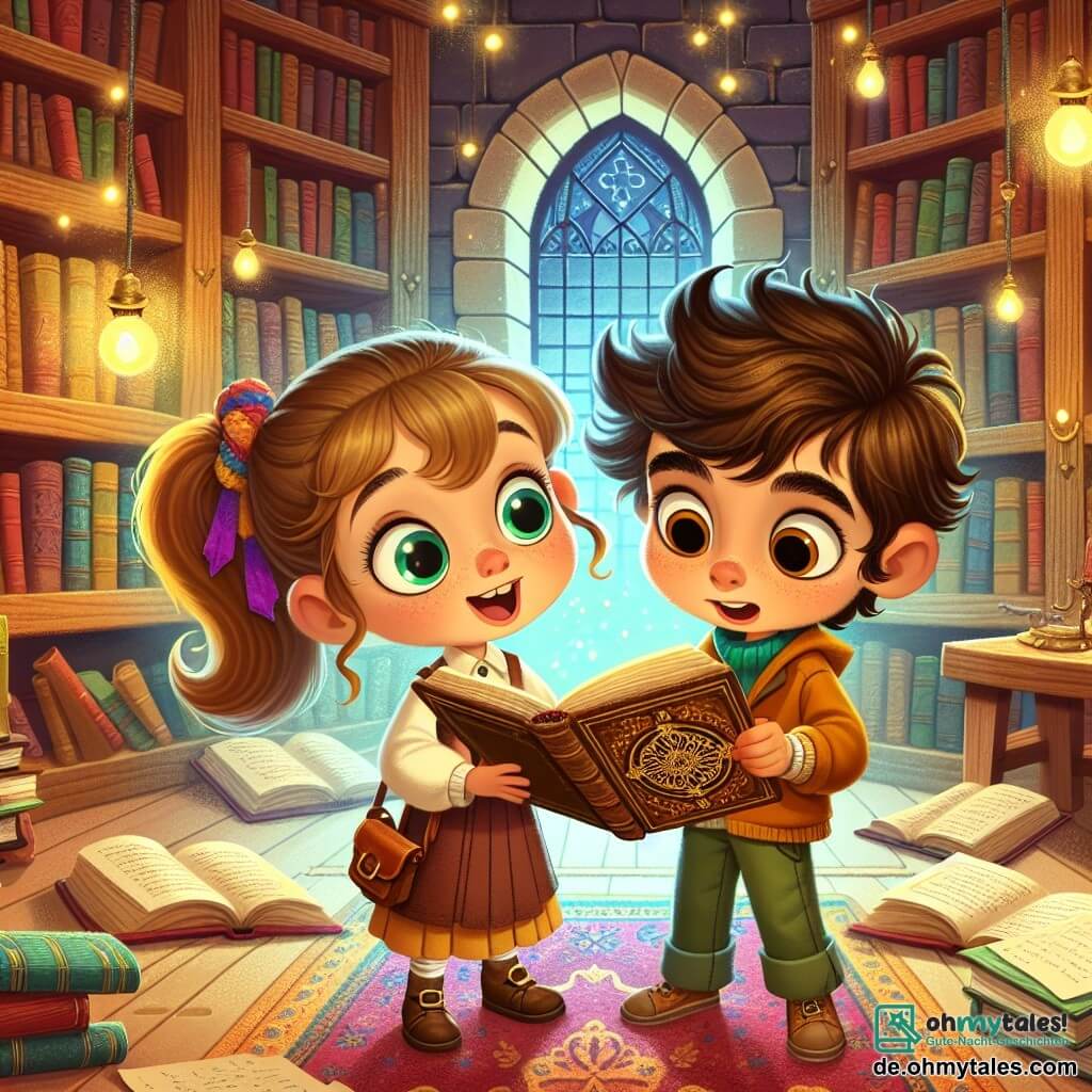 Mia, ein neugieriges kleines Mädchen mit großen leuchtenden Augen und braunen Haaren, die zu einem bunten Pferdeschwanz gebunden sind, steht vor einem Bücherregal, voller Staunen und Entschlossenheit, und hält ein altes Buch in ihren Händen. Neben ihr schaut Leo, ihr bester Freund, ein schelmischer Junge mit zerzausten blonden Haaren und einem verschmitzten Lächeln, aufmerksam auf eine Seite des Buches, seine Augen strahlen vor Aufregung. Die Szene spielt in einer magischen Bibliothek mit holzverkleideten Wänden, die mit alten Büchern geschmückt sind, bunten Regalen und sanften Lichtern, die eine warme und einladende Atmosphäre schaffen. In der Mitte lädt ein großer, weicher Teppich zum Lesen ein, während ein Fenster das Sonnenlicht hereinlässt und den Staub in der Luft beleuchtet. Mia und Leo sind auf der Suche nach einem geheimnisvollen Artefakt, umgeben von offenen Büchern und verstreuten Notizen, während ein Lichtschein um sie herum funkelt und die Magie dieses zauberhaften Ortes andeutet.