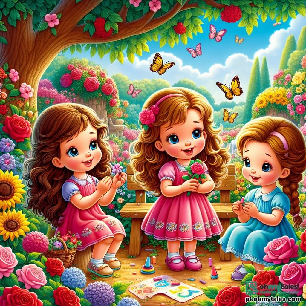 Em um jardim colorido, três meninas de 6 anos estão juntas. Ana, com longos cabelos castanhos e um vestido rosa, sorri suavemente segurando uma flor. À sua esquerda, Bia, com cabelos loiros e cacheados, veste um vestido amarelo e olha para o céu com olhos curiosos. À direita, Clara, com cabelos castanhos e uma trança, usa um vestido azul e desenha no chão com giz colorido. O jardim está cheio de flores vibrantes: rosas vermelhas, girassóis amarelos e violetas delicadas. No centro, um pequeno banco de madeira é cercado por borboletas. Uma grande árvore com galhos largos oferece sombra e cria uma atmosfera tranquila. As três meninas se reúnem em um cantinho especial que criaram para homenagear sua avó, Vovó Rosa. Elas riem e compartilham memórias enquanto decoram o banco com desenhos e flores, celebrando a vida e o amor que sentem por ela, mesmo que não esteja mais presente.