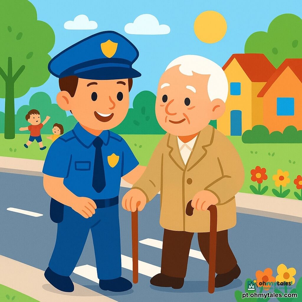 Um policial, um homem de sorriso caloroso, usa um uniforme azul vibrante com um chapéu. Ele tem cabelos castanhos e olhos brilhantes de bondade. Ele ajuda um senhor idoso, o senhor Manuel, que tem cerca de 70 anos, com uma bengala de madeira. O senhor Manuel tem cabelos brancos e veste um casaco bege, avançando lentamente ao lado do policial, sorrindo com gratidão. A cena acontece em uma rua ensolarada, cercada por árvores verdes e casas coloridas, com flores multicoloridas ao longo da calçada. O policial e o senhor Manuel atravessam uma rua tranquila, onde crianças brincam ao longe. A situação principal mostra o policial oferecendo seu braço ao senhor Manuel para ajudá-lo a atravessar a rua, ilustrando bondade e solidariedade.